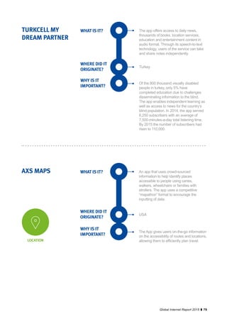 79Global Internet Report 2015
WHAT IS IT?
WHERE DID IT
ORIGINATE?
WHY IS IT
IMPORTANT?
TURKCELL MY
DREAM PARTNER
The app offers access to daily news,
thousands of books, location services,
education and entertainment content in
audio format. Through its speech-to-text
technology, users of the service can take
and share notes independently.
Turkey
Of the 800 thousand visually disabled
people in turkey, only 5% have
completed education due to challenges
disseminating information to the blind.
The app enables independent learning as
well as access to news for the country’s
blind population. In 2014, the app served
6,250 subscribers with an average of
7,500-minutes-a-day total listening time.
By 2015 the number of subscribers had
risen to 110,000.
WHAT IS IT?
WHERE DID IT
ORIGINATE?
WHY IS IT
IMPORTANT?
AXS MAPS An app that uses crowd-sourced
information to help identify places
accessible to people using canes,
walkers, wheelchairs or families with
strollers. The app uses a competitive
“mapathon” format to encourage the
inputting of data.
USA
The App gives users on-the-go information
on the accessibility of routes and locations,
allowing them to efficiently plan travel.LOCATION
 