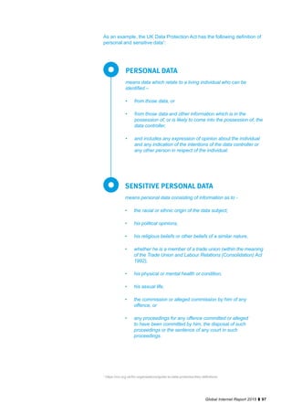 97Global Internet Report 2015
means data which relate to a living individual who can be
identified –
•	 from those data, or
•	 from those data and other information which is in the
possession of, or is likely to come into the possession of, the
data controller,
•	 and includes any expression of opinion about the individual
and any indication of the intentions of the data controller or
any other person in respect of the individual.
means personal data consisting of information as to -
•	 the racial or ethnic origin of the data subject,
•	 his political opinions,
•	 his religious beliefs or other beliefs of a similar nature,
•	 whether he is a member of a trade union (within the meaning
of the Trade Union and Labour Relations (Consolidation) Act
1992),
•	 his physical or mental health or condition,
•	 his sexual life,
•	 the commission or alleged commission by him of any
offence, or
•	 any proceedings for any offence committed or alleged
to have been committed by him, the disposal of such
proceedings or the sentence of any court in such
proceedings.
PERSONAL DATA
SENSITIVE PERSONAL DATA
1
https://ico.org.uk/for-organisations/guide-to-data-protection/key-definitions.
As an example, the UK Data Protection Act has the following definition of
personal and sensitive data1
:
 