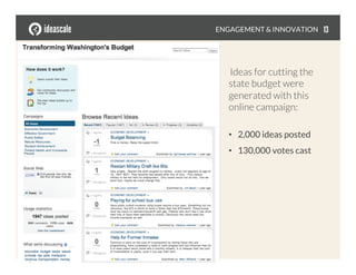 Ideas for cutting the
state budget were
generated with this
online campaign:
•  2,000 ideas posted
•  130,000 votes cast
ENGAGEMENT & INNOVATION
 13
 