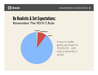 Be Realistic & Set Expectations:
Remember The 90/9/1 Rule
If you’re really
good, you’ll get to
70/20/10 – still
only a minority is
active
ENGAGEMENT & INNOVATION
 41
 
