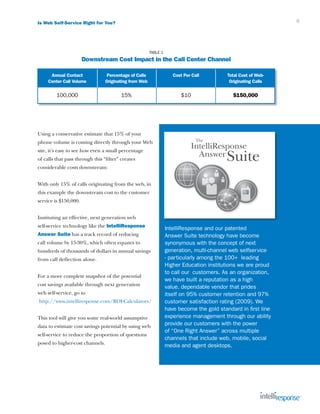 Is Web Self-Service Right for You?                                                                           6




                                                     TABLE 1
                       Downstream Cost Impact in the Call Center Channel

	       Annual Contact	          Percentage of Calls 	 Cost Per Call 	                  Total Cost of Web-
	      Center Call Volume	       Originating from Web		                                  Originating Calls


	          100,000	                      15%	                        $10	                 $150,000




Using a conservative estimate that 15% of your
phone volume is coming directly through your Web
site, it’s easy to see how even a small percentage
of calls that pass through this “filter” creates
considerable costs downstream:


With only 15% of calls originating from the web, in
this example the downstream cost to the customer
service is $150,000.


Instituting an effective, next generation web
self-service technology like the IntelliResponse               IntelliResponse and our patented
Answer Suite has a track record of reducing                    Answer Suite technology have become
call volume by 15-30%, which often equates to                  synonymous with the concept of next
hundreds of thousands of dollars in annual savings             generation, multi-channel web selfservice
from call deflection alone.                                    - particularly among the 100+ leading
                                                               Higher Education institutions we are proud
                                                               to call our customers. As an organization,
For a more complete snapshot of the potential
                                                               we have built a reputation as a high
cost savings available through next generation                 value, dependable vendor that prides
web self-service, go to                                        itself on 95% customer retention and 97%
    http://www.intelliresponse.com/ROI-Calculators/            customer satisfaction rating (2009). We
                                                               have become the gold standard in first line
This tool will give you some real-world assumptive             experience management through our ability
data to estimate cost savings potential by using web           provide our customers with the power
                                                               of “One Right Answer” across multiple
self-service to reduce the proportion of questions
                                                               channels that include web, mobile, social
posed to higher-cost channels.
                                                               media and agent desktops.
 