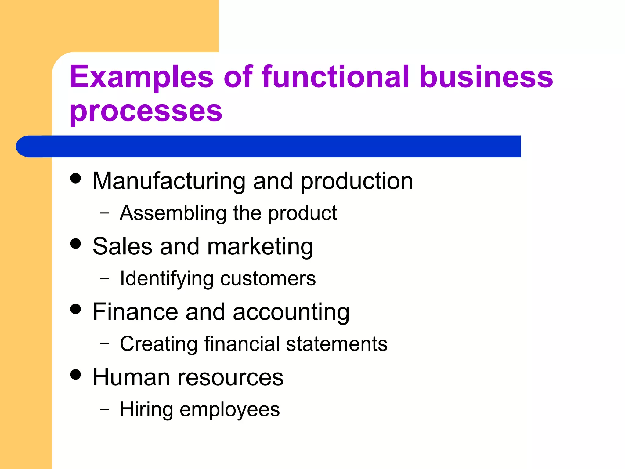 Examples of functional business
processes
 Manufacturing and production
– Assembling the product
 Sales and marketing
– Identifying customers
 Finance and accounting
– Creating financial statements
 Human resources
– Hiring employees
 