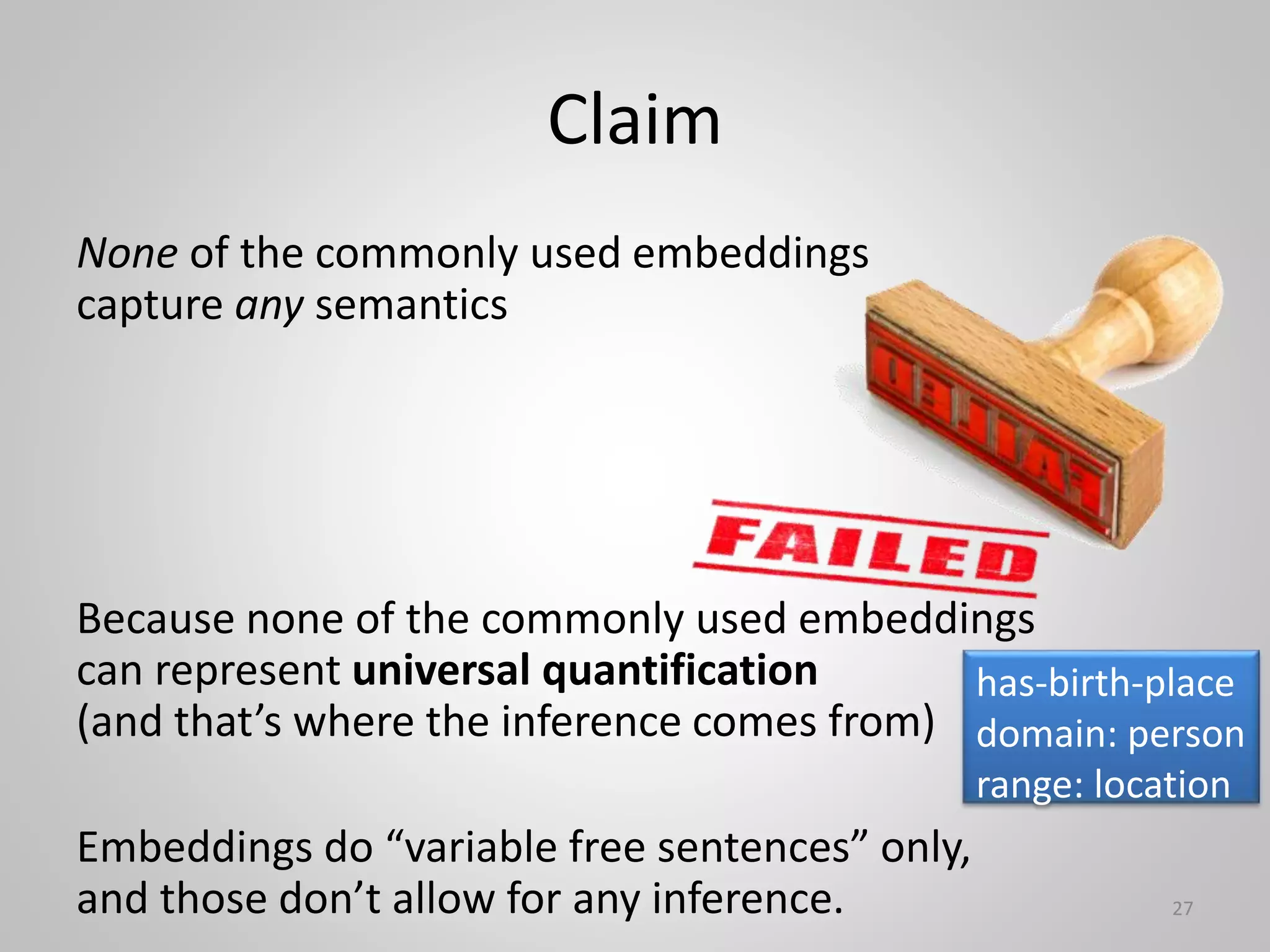 Claim
None of the commonly used embeddings
capture any semantics
Because none of the commonly used embeddings
can represent universal quantification
(and that’s where the inference comes from)
Embeddings do “variable free sentences” only,
and those don’t allow for any inference. 27
has-birth-place
domain: person
range: location
 