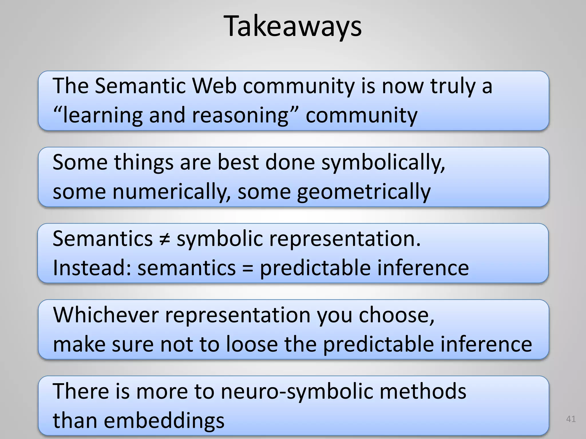 Takeaways
41
Some things are best done symbolically,
some numerically, some geometrically
The Semantic Web community is now truly a
“learning and reasoning” community
Semantics ≠ symbolic representation.
Instead: semantics = predictable inference
Whichever representation you choose,
make sure not to loose the predictable inference
There is more to neuro-symbolic methods
than embeddings
 