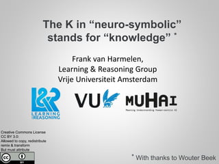 The K in “neuro-symbolic”
stands for “knowledge” *
Frank van Harmelen,
Learning & Reasoning Group
Vrije Universiteit Amsterdam
Creative Commons License
CC BY 3.0:
Allowed to copy, redistribute
remix & transform
But must attribute
1
* With thanks to Wouter Beek
 