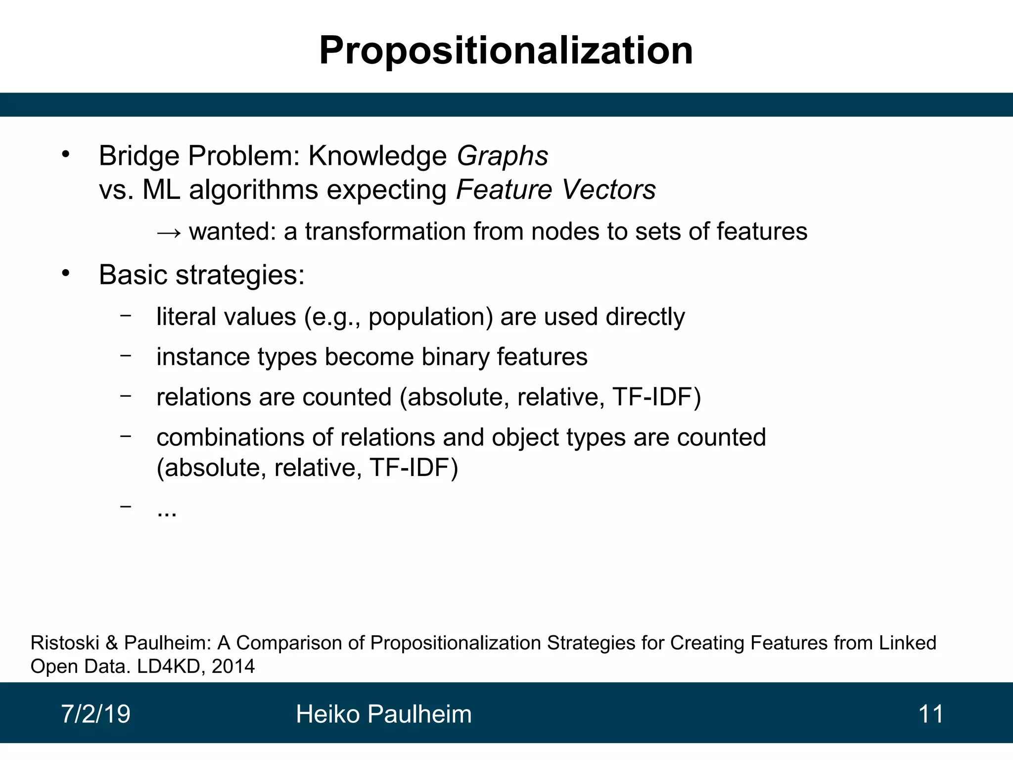 7/2/19 Heiko Paulheim 11
Propositionalization
• Bridge Problem: Knowledge Graphs
vs. ML algorithms expecting Feature Vectors
→ wanted: a transformation from nodes to sets of features
• Basic strategies:
– literal values (e.g., population) are used directly
– instance types become binary features
– relations are counted (absolute, relative, TF-IDF)
– combinations of relations and object types are counted
(absolute, relative, TF-IDF)
– ...
Ristoski & Paulheim: A Comparison of Propositionalization Strategies for Creating Features from Linked
Open Data. LD4KD, 2014
 