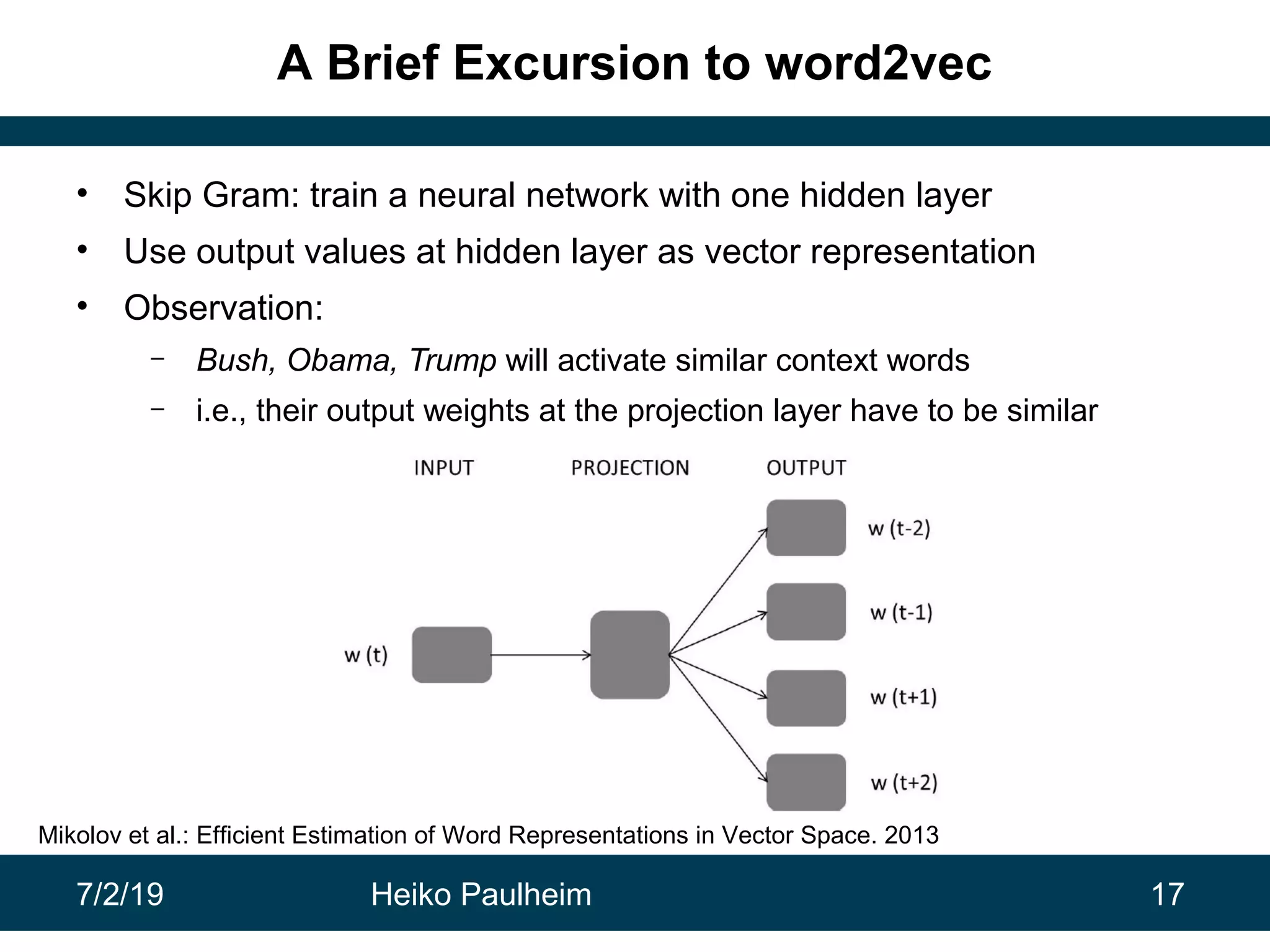 7/2/19 Heiko Paulheim 17
A Brief Excursion to word2vec
• Skip Gram: train a neural network with one hidden layer
• Use output values at hidden layer as vector representation
• Observation:
– Bush, Obama, Trump will activate similar context words
– i.e., their output weights at the projection layer have to be similar
Mikolov et al.: Efficient Estimation of Word Representations in Vector Space. 2013
 