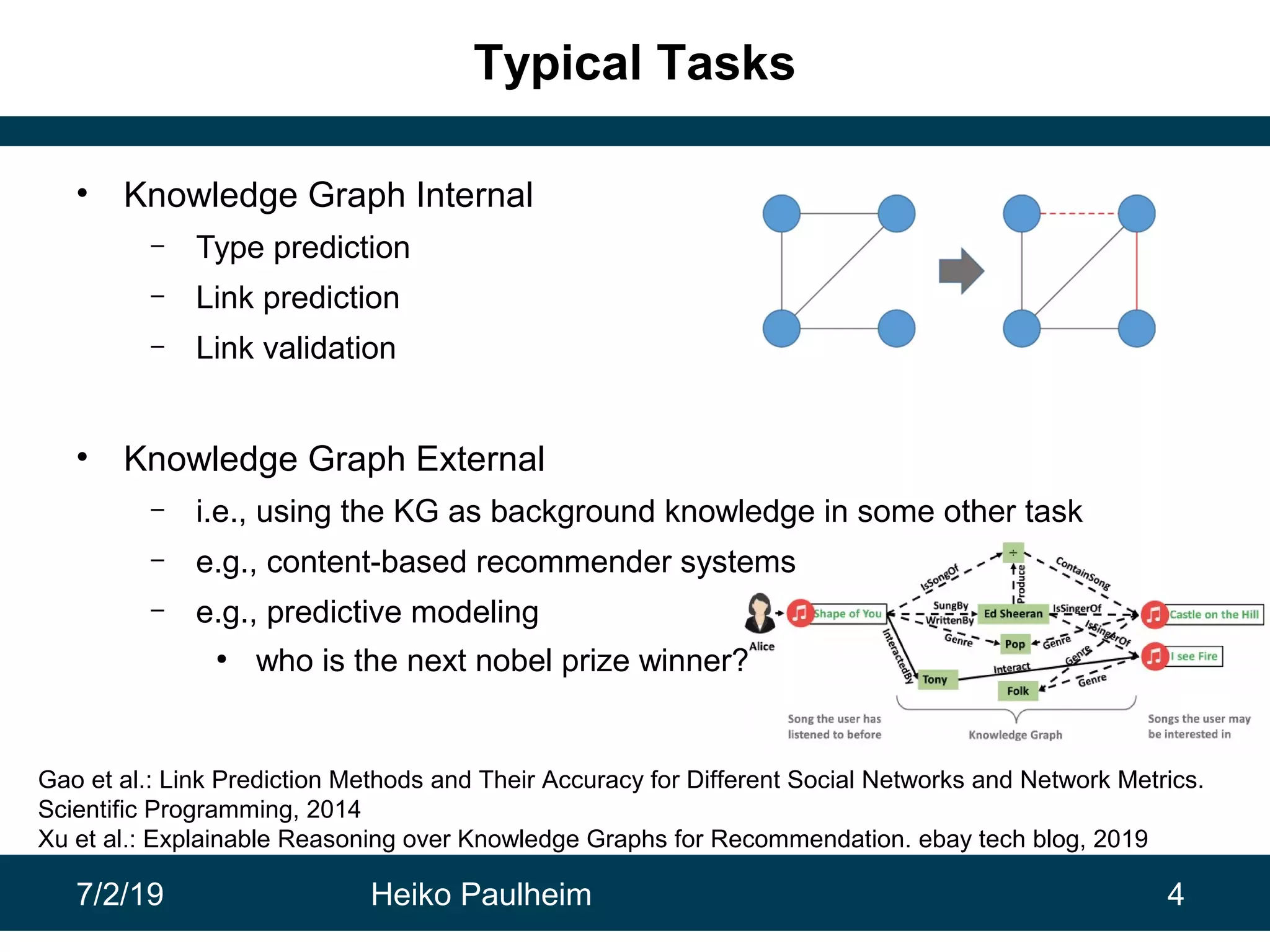 7/2/19 Heiko Paulheim 4
Typical Tasks
• Knowledge Graph Internal
– Type prediction
– Link prediction
– Link validation
• Knowledge Graph External
– i.e., using the KG as background knowledge in some other task
– e.g., content-based recommender systems
– e.g., predictive modeling
●
who is the next nobel prize winner?
Gao et al.: Link Prediction Methods and Their Accuracy for Different Social Networks and Network Metrics.
Scientific Programming, 2014
Xu et al.: Explainable Reasoning over Knowledge Graphs for Recommendation. ebay tech blog, 2019
 