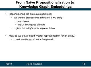 7/2/19 Heiko Paulheim 13
From Naive Propositionalization to
Knowledge Graph Embeddings
• Reconsidering the previous exampl...