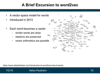 7/2/19 Heiko Paulheim 15
A Brief Excursion to word2vec
• A vector space model for words
• Introduced in 2013
• Each word b...