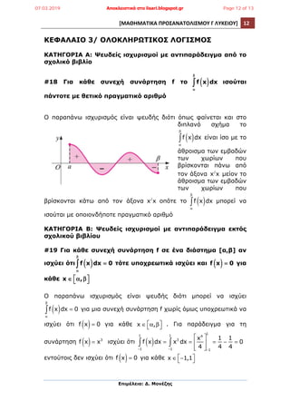 [ΜΑΘΗΜΑΤΙΚΑ	
  ΠΡΟΣΑΝΑΤΟΛΙΣΜΟΥ	
  Γ	
  ΛΥΚΕΙΟΥ]	
   12	
  
	
  
Επιµέλεια: Δ. Μονέζης
	
  
ΚΕΦΑΛΑΙΟ 3/ ΟΛΟΚΛΗΡΩΤΙΚΟΣ ΛΟΓΙΣΜΟΣ
ΚΑΤΗΓΟΡΙΑ Α: Ψευδείς ισχυρισµοί µε αντιπαράδειγµα από το
σχολικό βιβλίο
#18 Για κάθε συνεχή συνάρτηση f το f x( )dx
α
β
∫ ισούται
πάντοτε µε θετικό πραγµατικό αριθµό
Ο παραπάνω ισχυρισµός είναι ψευδής διότι όπως φαίνεται και στο
διπλανό σχήµα το
f x( )dx
α
β
∫ είναι ίσο µε το
άθροισµα των εµβαδών
των χωρίων που
βρίσκονται πάνω από
τον άξονα x/
x µείον το
άθροισµα των εµβαδών
των χωρίων που
βρίσκονται κάτω από τον άξονα x/
x οπότε το f x( )dx
α
β
∫ µπορεί να
ισούται µε οποιονδήποτε πραγµατικό αριθµό
ΚΑΤΗΓΟΡΙΑ Β: Ψευδείς ισχυρισµοί µε αντιπαράδειγµα εκτός
σχολικού βιβλίου
#19 Για κάθε συνεχή συνάρτηση f σε ένα διάστηµα [α,β] αν
ισχύει ότι f x( )dx
α
β
∫ = 0 τότε υποχρεωτικά ισχύει και f x( ) = 0 για
κάθε x ∈ α,β⎡
⎣
⎤
⎦
Ο παραπάνω ισχυρισµός είναι ψευδής διότι µπορεί να ισχύει
f x( )dx
α
β
∫ = 0 για µια συνεχή συνάρτηση f χωρίς όµως υποχρεωτικά να
ισχύει ότι f x( )= 0 για κάθε x ∈ α,β⎡
⎣
⎤
⎦ . Για παράδειγµα για τη
συνάρτηση f x( )= x3
ισχύει ότι f x( )dx = x3
dx
−1
1
∫ =
x4
4
⎡
⎣
⎢
⎢
⎤
⎦
⎥
⎥−1
1
∫
−1
1
=
1
4
−
1
4
= 0
εντούτοις δεν ισχύει ότι f x( )= 0 για κάθε x ∈ −1,1⎡
⎣
⎤
⎦
07.03.2019 Αποκλειστικά στο lisari.blogspot.gr Page 12 of 13
 