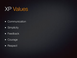 XP Values
Communication
Simplicity
Feedback
Courage
Respect
 