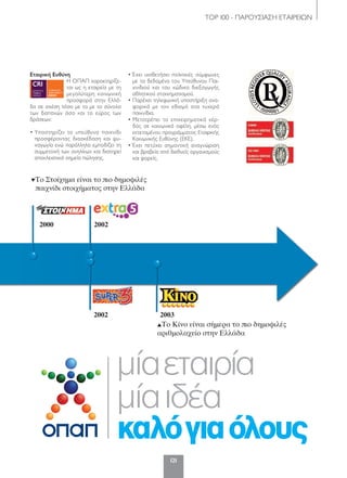 ΤΟP 100 - ΠΑΡΟΥΣΙΑΣΗ ΕΤΑΙΡΕΙΩΝ
121
▼Το Στοίχημα είναι το πιο δημοφιλές
παιχνίδι στοιχήματος στην Ελλάδα
▲Το Κίνο είναι σήμερα το πιο δημοφιλές
αριθμολαχείο στην Ελλάδα
2002 2003
20022000
Εταιρική Ευθύνη
H ΟΠΑΠ χαρακτηρίζε-
ται ως η εταιρεία με τη
μεγαλύτερη κοινωνική
προσφορά στην Ελλά-
δα σε σχέση τόσο με το με το σύνολο
των δαπανών όσο και το εύρος των
δράσεων:
• Υποστηρίζει το υπεύθυνο παιχνίδι
προσφέροντας διασκέδαση και ψυ-
χαγωγία ενώ παράλληλα εμποδίζει τη
συμμετοχή των ανηλίκων και διατηρεί
αποκλειστικά σημεία πώλησης.
• Έχει υιοθετήσει πολιτικές σύμφωνες
με τα δεδομένα του Υπεύθυνου Παι-
χνιδιού και του κώδικα διεξαγωγής
αθλητικού στοιχηματισμού.
• Παρέχει τηλεφωνική υποστήριξη ανα-
φορικά με τον εθισμό στα τυχερά
παιχνίδια.
• Μετατρέπει το επιχειρηματικό κέρ-
δος σε κοινωνικά οφέλη, μέσω ενός
εκτεταμένου προγράμματος Εταιρικής
Κοινωνικής Ευθύνης (ΕΚΕ).
• Έχει πετύχει σημαντική αναγνώριση
και βραβεία από διεθνείς οργανισμούς
και φορείς.
120-158_hmiselida_NEW_TELKO.indd 121 5/4/12 2:51 PM
 