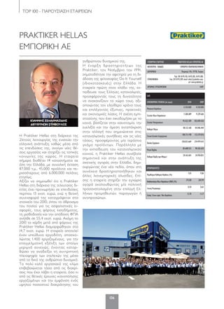 ΤΟP 100 - ΠΑΡΟΥΣΙΑΣΗ ΕΤΑΙΡΕΙΩΝ
136
PRAKTIKER HELLAS
ΕΜΠΟΡΙΚΗ ΑΕ
H Praktiker Hellas στη διάρκεια της
21ετούς λειτουργίας της ενισχύει την
ελληνική ανάπτυξη, καθώς μέσα από
τις επενδύσεις της, ανοίγει νέες θέ-
σεις εργασίας και στηρίζει τις τοπικές
κοινωνίες της χώρας. Η εταιρεία
σήμερα διαθέτει 14 καταστήματα σε
όλη την Ελλάδα, με συνολική έκταση
87.000 τ.μ., 45.000 προϊόντα και πε-
ρισσότερους από 6.000.000 πελάτες
ετησίως.
Αξίζει να σημειωθεί ότι η Praktiker
Hellas στη διάρκεια της τελευταίας δι-
ετίας έχει προχωρήσει σε επενδύσεις
περίπου 13 εκατ. ευρώ, ενώ η θετική
συνεισφορά της καταγράφεται στα
στοιχεία του 2010, όπου το άθροισμα
του ποσού για τις ασφαλιστικές ει-
σφορές, τους φόρους εισοδήματος,
τη μισθοδοσία και την απόδοση ΦΠΑ
ανήλθε σε 55,4 εκατ. ευρώ. Ακόμη το
2010 τα κέρδη μετά από φόρους της
Praktiker Hellas διαμορφώθηκαν στα
14,7 εκατ. ευρώ. Η εταιρεία αποτελεί
έναν υπεύθυνο εργοδότη, απασχο-
λώντας 1.400 εργαζομένους, για την
επαγγελματική εξέλιξη των οποίων
μεριμνά συνεχώς, έχοντας κατορ-
θώσει να αναδείξει τη συντριπτική
πλειοψηφία των στελεχών της μέσα
από το δικό της ανθρώπινο δυναμικό.
Το πολύ καλό εργασιακό της κλίμα
επιβεβαιώνεται τόσο από τις διακρί-
σεις που έχει λάβει η εταιρεία, όσο κι
από τις θετικές έρευνες ικανοποίησης
εργαζομένων και την εμφάνιση ενός
υψηλού ποσοστού διακράτησης του
ανθρώπινου δυναμικού της.
Η έναρξη δραστηριοτήτων της
Praktiker, τον Νοέμβριο του 1991,
σηματοδότησε την αφετηρία για τη δι-
άδοση της φιλοσοφίας Do It Yourself
(ιδιοκατασκευές) στην Ελλάδα. Η
εταιρεία πρώτη στον κλάδο της, εκ-
παίδευσε τους Έλληνες καταναλωτές,
προσφέροντάς τους τη δυνατότητα
να ανακαινίζουν το χώρο τους, αξι-
οποιώντας τον ελεύθερο χρόνο τους
και επιλέγοντας έξυπνες, πρακτικές
και οικονομικές λύσεις. Η σχέση εμπι-
στοσύνης που έχει οικοδομήσει με το
κοινό, βασίζεται στην καινοτομία, την
ευελιξία και την άμεση ανταπόκριση
στην αλλαγή που σημειώνεται στις
καταναλωτικές συνήθειες και τις νέες
τάσεις, προσφέροντας μία τεράστια
γκάμα προϊόντων. Παράλληλα με
την εκπαίδευση του καταναλωτικού
κοινού, η Praktiker Hellas συνέβαλε
σημαντικά και στην ανάπτυξη της
σχετικής αγοράς στην Ελλάδα, δημι-
ουργώντας ένα νέο πεδίο, όπου στη
συνέχεια δραστηριοποιήθηκαν και
άλλες λιανεμπορικές αλυσίδες. Επί-
σης η εταιρεία στηρίζει την εγχώρια
αγορά ακολουθώντας μία πολιτική
προσανατολισμένη στην επιλογή Ελ-
λήνων προμηθευτών, παραγωγών ή
αντιπροσώπων.
ΙΩΑΝΝΗΣ ΣΕΛΑΛΜΑΖΙΔΗΣ
ΔΙΕΥΘΥΝΩΝ ΣΥΜΒΟΥΛΟΣ
ΕΛΠ
ΟΙΚΟΝΟΜΙΚΑ ΣΤΟΙΧΕΙΑ (σε ευρώ) 2010 2009
Μετοχικό Κεφάλαιο
4.550.000 4.550.000
Σύνολο Ιδίων Κεφαλαίων
7.308.489 9.229.646
Σύνολο Υποχρεώσεων
93.422.709 103.049.430
Καθαρά Πάγια
48.123.160 44.446.444
Γενικό Σύνολο Ενεργητικού
100.731.198 112.279.076
ΚύκλοςΕργασιών
258.023.669 274.979.415
Μικτό Κέρδος
85.608.531 90.102.620
Καθαρά Κέρδη προ Φόρων
20.162.601 24.918.823
ΑΡΙΘΜΟΔΕΙΚΤΕΣ
Περιθώριο Καθαρού Κέρδους (%)
7,81 9,06
ΑποδοτικότηταΙδίωνΚεφαλαίων(ROE)(%)
275,88 269,99
Γενική Ρευστότητα
0,54 0,65
Σχέση Ξένων προς Ίδια Κεφάλαια
12,78 11,17
ΕΠΩΝΥΜΙΑ ΕΤΑΙΡΕΙΑΣ PRAKTIKER HELLAS ΕΜΠΟΡΙΚΗ ΑΕ
ΚΑΤΗΓΟΡΙΑ - ΚΛΑΔΟΣ ΕΜΠΟΡΙΟ-ΠΟΛΥΚΑΤΑΣΤΗΜΑΤΑ
ΔΙΕΥΘΥΝΣΗ Πειραιώς 176, 17778, Ταύρος
ΕΠΙΚΟΙΝΩΝΙΑ
Τηλ: 210 34.93.150, 34.93.205, 34.93.300,
Fax: 210 34.93.209, email: info@praktiker.com,
url: www.praktiker.gr
ΑΡΙΘΜΟΣ ΕΡΓΑΖΟΜΕΝΩΝ 1449
120-158_hmiselida_NEW_TELKO.indd 136 5/4/12 2:51 PM
 