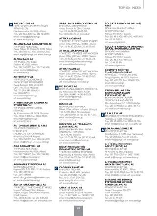 TOP 100 - INDEX
159
A
B
C
Γ
Δ
ABC FACTORS ΑΕ
ΠΡΑΚΤΟΡΕΙΑ ΕΠΙΧΕΙΡΗΜΑΤΙΚΩΝ
ΑΠΑΙΤΗΣΕΩΝ
Μιχαλακοπούλου 48, 11528, Αθήνα
Τηλ..: 210 72.66.800, Fax: 210 72.58.190,
email: contact@abcfactors.gr,
url: www.abcfactors.gr
ALLIANZ ΕΛΛΑΣ ΑΣΦΑΛΙΣΤΙΚΗ AE
ΥΠΗΡΕΣΙΕΣ-ΑΣΦΑΛΕΙΕΣ
Λεωφ. Αθηνών 110 (Κτήριο Γ), 10442, Αθήνα
Τηλ.: 210 69.05.500, Fax: 210 69.05.550,
email: aega@allianz.gr, url: www.allianz.gr
ALPHA BANK ΑΕ
ΥΠΗΡΕΣΙΕΣ-ΤΡΑΠΕΖΕΣ
Σταδίου 40, 10252, Αθήνα
Τηλ.: 210 32.60.000, Fax: 210 32.65.438,
email: secretariat@alpha.gr,
url: www.alpha.gr
ANTENNA TV AΕ
ΥΠΗΡΕΣΙΕΣ-ΡΑΔΙΟΦΩΝΙΚΕΣ -
ΤΗΛΕΟΠΤΙΚΕΣ ΕΠΙΧΕΙΡΗΣΕΙΣ
Λεωφ. Κηφισίας 10-12 «AGORA
CENTER», 15125, Μαρούσι
Τηλ.: 210 68.86.100, 68.86.424
Fax: 210 68.86.542,
email: internet@antenna.gr,
url: www.antenna.gr
ATHENS RESORT CASINO AE
ΣΥΜΜΕΤΟΧΩΝ
ΥΠΗΡΕΣΙΕΣ-ΣΥΜΜΕΤΟΧΙΚΕΣ
ΕΤΑΙΡΕΙΕΣ
Αγ. Κωνσταντίνου 49, 15124, Μαρούσι
Τηλ.: 210 61.49.800, Fax: 210 61.49.801,
email:regency@regency.gr,
url: www.regency.gr
AUTOHELLAS (HERTZ) ΑΤΕΕ
ΥΠΗΡΕΣΙΕΣ-ΤΟΥΡΙΣΜΟΣ-
ΕΠΙΧΕΙΡΗΣΕΙΣ
ΕΝΟΙΚΙΑΣΗΣ ΑΥΤΟΚΙΝΗΤΩΝ
Βιλτανιώτη 31, 14564, Κηφισιά
Τηλ.: 210 62.64.000, Fax: 210 62.64.409,
email: info@hertz.gr, url: www.hertz.gr
AXA ΑΣΦΑΛΙΣΤΙΚΗ ΑΕ
ΥΠΗΡΕΣΙΕΣ-ΑΣΦΑΛΕΙΕΣ
Μιχαλακοπούλου 48, 11528, Αθήνα
Τηλ.: 210 72.68.000, Fax: 210 72.68.810,
email: info@axa-insurance.gr,
url: www.axa-insurance.gr
ΑΘΗΝΑΪΚΗ ΖΥΘΟΠΟΙΙΑ ΑΕ
ΒΙΟΜΗΧΑΝΙΑ-ΠΟΤΑ
Κηφισού 102, Τ.Θ. 3383, 12241, Αιγάλεω
Τηλ.: 210 53.84.911-60,
Fax : 210 53.84.043,
email: c&cr_grathenian@heineken.com,
url: www.athenianbrewery.gr
ΑΚΤΩΡ ΠΑΡΑΧΩΡΗΣΕΙΣ AE
ΥΠΗΡΕΣΙΕΣ-ΣΥΜΜΕΤΟΧΙΚΕΣ ΕΤΑΙΡΕΙΕΣ
Ερμού 25 (Εθνική Οδός Αθηνών -
Λαμίας, Κόμβος Ολυμπιακού Χωριού),
14564 Κηφισιά
Τηλ.: 210 81.85.000, Fax: 210 81.85.001,
email: info@etae.com, url: www.etae.com
ΑΛΦΑ - ΒΗΤΑ ΒΑΣΙΛΟΠΟΥΛΟΣ ΑE
ΕΜΠΟΡΙΟ-ΣΟΥΠΕΡΜΑΡΚΕΤ
Λεωφ. Σπάτων 81, 15344, Γέρακας
Τηλ.: 210 66.08.000, 66.08.242,
Fax: 210 66.12.675 url: www.ab.gr
ΑΤΤΙΚΑ ΔΙΟΔΙΑ ΑΕ
ΥΠΗΡΕΣΙΕΣ- ΣΥΜΜΕΤΟΧΙΚΕΣ ΕΤΑΙΡΙΕΣ
Αττική Οδός (41,9 χλμ.), 19002, Παιανία
Τηλ.: 210 66.82.200, Fax: 210 60.25.060
ΑΤΤΙΚΕΣ ΔΙΑΔΡΟΜΕΣ AE
ΥΠΗΡΕΣΙΕΣ-ΥΠΗΡΕΣΙΕΣ ΜΕΤΑΦΟΡΩΝ
Αττική Οδός (41,9 χλμ.), 19002, Παιανία
Τηλ.: 210 66.82.000, Fax: 210 66.35.578,
email: bhalkias@attikesdiadromes.gr,
url: www.attikesdiadromes.gr
ΑΤΤΙΚΗ ΟΔΟΣ ΑΕ
ΥΠΗΡΕΣΙΕΣ- ΥΠΗΡΕΣΙΕΣ ΜΕΤΑΦΟΡΩΝ
Αττική Οδός (41,9 χλμ.), 19002, Παιανία
Τηλ.: 210 66.82.200, Fax: 210 60.25.060,
email: aosa@attiki-odos.gr,
url: www.aodos.gr, www.etae.gr
BIC ΒΙΟΛΕΞ ΑE
ΒΙΟΜΗΧΑΝΙΑ-ΔΙΑΦΟΡΑ ΠΡΟΪΟΝΤΑ
Αγ. Αθανασίου 58, 14569, Ανοιξη
Τηλ.: 210 62.99.000, Fax: 210 81.42.129,
email: bicviolex@otenet.gr,
url: www.bicworld.com
ΒΙΑΝΕΞ ΑE
ΒΙΟΜΗΧΑΝΙΑ-ΦΑΡΜΑΚΑ
Εθνική Οδός Αθηνών - Λαμίας (18 χλμ.),
Τ.Θ. 52894, 14671, Νέα Ερυθραία
Τηλ..: 210 80.09.111-20, Fax: 210 80.71.573,
email: mailbox@vianex.gr,
url: www.vianex.gr
ΒΙΒΕΧΡΩΜ ΔΡ. ΣΤΕΦΑΝΟΣ-
Δ. ΠΑΤΕΡΑΣ ΑΕ
ΒΙΟΜΗΧΑΝΙΑ-ΧΗΜΙΚΑ - ΑΕΡΙΑ -
ΧΡΩΜΑΤΑ - ΕΚΡΗΚΤΙΚΑ
Τ.Θ. 4, 19200, Ελευσίνα
Τηλ.: 210 55.38.700, Fax: 210 55.50.464,
email: vivechrom@vivechrom.gr,
url: www.vivechrom.gr
ΒΙΟΙΑΤΡΙΚΗ ΙΔΙΩΤΙΚΟ
ΠΟΛΥΙΑΤΡΕΙΟ ΙΑΤΡΙΚΗ ΑΕ
ΥΠΗΡΕΣΙΕΣ-ΙΑΤΡΙΚΕΣ ΥΠΗΡΕΣΙΕΣ
Κηφισίας 132 & Παπαδά, 11526, Αθήνα
Τηλ.: 210 69.66.000, Fax: 210 69.80.553,
email: info@bioiatriki.gr,
url: www.bioiatriki.gr
CADBURY ΕΛΛΑΣ ΑΕ
ΕΜΠΟΡΙΟ-ΤΡΟΦΙΜΑ
M. Αντύπα 41-45, 14121, Ηράκλειο
Τηλ.: 210 27.04.000, 27.23.583
Fax: 210 27.50.117, 27.04.002,
email: info.gr@cadbury.com,
url: www.cadbury.gr
CHARTIS ΕΛΛΑΣ ΑE
ΥΠΗΡΕΣΙΕΣ-ΑΣΦΑΛΕΙΕΣ
Λεωφ. Κηφισίας 119, 15124, Μαρούσι
Τηλ.: 210 81.27.600, Fax: 210 80.27.189,
email: info.gr@chartisinsurance.com,
url: www.chartisinsurance.gr
COLGATE PALMOLIVE (HELLAS)
ABEE
ΒΙΟΜΗΧΑΝΙΑ-ΚΑΛΛΥΝΤΙΚΑ-
ΑΠΟΡΡΥΠΑΝΤΙΚΑ
Αθηνών 89, 18541, Πειραιάς
Τηλ.: 210 48.31.900, 48.95.300, 48.95.403,
Fax: 210 48.31.924,
url: www.colgate.com
COLGATE PALMOLIVE ΕΜΠΟΡΙΚΗ
(ΕΛΛΑΣ) ΜΟΝΟΠΡΟΣΩΠΗ ΕΠΕ
ΕΜΠΟΡΙΟ-ΚΑΛΛΥΝΤΙΚΑ
ΑΠΟΡΡΥΠΑΝΤΙΚΑ
Αθηνών 89, 18541, Πειραιάς
Τηλ.: 210 48.31.900, 48.95.321,
Fax: 210 48.95.471,
url: www.colgate.com
COSMOTE ΚΙΝΗΤΕΣ
ΤΗΛΕΠΙΚΟΙΝΩΝΙΕΣ ΑΕ
ΥΠΗΡΕΣΙΕΣ-ΤΗΛΕΠΙΚΟΙΝΩΝΙΕΣ
Λεωφ. Κηφισίας 44, 15125, Μαρούσι
Τηλ.: 210 61.77.777, Fax: 210 61.77.576,
email:ir@cosmote.gr,
url: www.cosmote.gr
CROWN HELLAS CAN
ΒΙΟΜΗΧΑΝΙΑ ΕΙΔΩΝ
ΣΥΣΚΕΥΑΣΙΑΣ ΑΕ
ΒΙΟΜΗΧΑΝΙΑ-ΜΕΤΑΛΛΙΚΑ
ΠΡΟΪΟΝΤΑ & ΚΑΤΑΣΚΕΥΕΣ
Εθν. Αντιστάσεως 57, 15231, Χαλάνδρι
Τηλ.: 210 67.99.100, Fax: 210 67.99.153,
url: www.crownhellascan.gr
Γ.Ε.Φ.Υ.Ρ.Α. AE
ΥΠΗΡΕΣΙΕΣ-ΥΠΗΡΕΣΙΕΣ ΜΕΤΑΦΟΡΩΝ
Ριζαρείου 2, 15233, Χαλάνδρι
Τηλ.: 210 68.58.196, Fax: 210 68.58.786,
email: info@gefyra.gr, url: www.gefyra.gr
ΔΕΗ ΑΝΑΝΕΩΣΙΜΕΣ AE
ΥΠΗΡΕΣΙΕΣ-ΕΝΕΡΓΕΙΑ
Καποδιστρίου 3, 15343, Αγία Παρασκευή
Τηλ.: 211 21.18.000, Fax: 211 21.18.067,
email:info@ppcr.gr, url: www.ppcr.gr
ΔΗΜΟΣΙΑ ΕΠΙΧΕΙΡΗΣΗ
ΑΕΡΙΟΥ (ΔΕΠΑ) ΑΕ
ΥΠΗΡΕΣΙΕΣ-ΕΝΕΡΓΕΙΑ
Μ. Αντύπα 92, 14121, Ηράκλειο
Τηλ.: 210 27.01.000, Fax: 210 27.01.010,
email: pr@depa.gr, url: www.depa.gr
ΔΗΜΟΣΙΑ ΕΠΙΧΕΙΡΗΣΗ
ΗΛΕΚΤΡΙΣΜΟΥ (ΔΕΗ) ΑΕ
ΥΠΗΡΕΣΙΕΣ-ΕΝΕΡΓΕΙΑ
Χαλκοκονδύλη 30, 10432, Αθήνα
Τηλ.: 210 52.30.,301-10, Fax: 210 52.30.394,
email: info@dei.com.gr, url: www.dei.gr
ΔΙΑΧΕΙΡΙΣΤΗΣ ΕΘΝΙΚΟΥ
ΣΥΣΤΗΜΑΤΟΣ ΦΥΣΙΚΟΥ
ΑΕΡΙΟΥ(ΔΕΣΦΑ) ΑΕ
ΥΠΗΡΕΣΙΕΣ-ΕΝΕΡΓΕΙΑ
Λεωφ. Μεσογείων 357-359,
15231, Χαλάνδρι
Τηλ.: 210 65.01.200,
Fax: 210 67.49.504,
email:desfa@desfa.gr, url: www.desfa.gr
159-162 top_100_INDEX_2.indd 159 5/4/12 12:56 PM
 