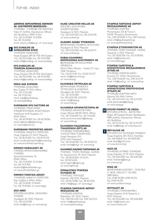 TOP 100 - INDEX
160
Ε
ΔΙΕΘΝΗΣ ΑΕΡΟΛΙΜΕΝΑΣ ΑΘΗΝΩΝ
ΑΕ «ΕΛΕΥΘΕΡΙΟΣ ΒΕΝΙΖΕΛΟΣ»
ΥΠΗΡΕΣΙΕΣ - ΥΠΗΡΕΣΙΕΣ ΜΕΤΑΦΟΡΩΝ
Κτίριο 17, Διεθνής Αερολιμένας Αθηνών
«Ελ. Βενιζέλος», 19019, Σπάτα
Τηλ.: 210 35.30.000, 35.31.000,
Fax: 210 35.30.001,
email: airport_info@aia.gr, url: www.aia.gr
EFG EUROLIFE ΑΕ
ΑΣΦΑΛΙΣΕΩΝ ΖΩΗΣ
ΥΠΗΡΕΣΙΕΣ-ΑΣΦΑΛΕΙΕΣ
Λεωφ. Συγγρού 209-211, 17121, Νέα Σμύρνη
Τηλ.: 210 93.03.800, Fax: 210 93.03.980,
email: info@eurolife.gr, url: www.eurolife.gr
EFG EUROLIFE ΑΕ
ΓΕΝΙΚΩΝ ΑΣΦΑΛΙΣΕΩΝ
ΥΠΗΡΕΣΙΕΣ-ΑΣΦΑΛΕΙΕΣ
Λεωφ. Συγγρού 209-211, 17121, Νέα Σμύρνη
Τηλ.: 210 93.03.900, Fax: 210 93.03.983,
email: info@eurolife.gr, url: www.eurolife.gr
ERGO ΑΑΕ ΖΗΜΙΩΝ
ΥΠΗΡΕΣΙΕΣ-ΑΣΦΑΛΕΙΕΣ
Βασ. Σοφίας 97, 11521, Αθήνα
Τηλ.: 210 37.05.300,
Fax: 210 37.05.550,
email: ergo@ergohellas.gr,
url: www.ergohellas.gr
EUROBANK EFG FACTORS AE
ΥΠΗΡΕΣΙΕΣ-ΠΡΑΚΤΟΡΕΙΑ
ΕΠΙΧΕΙΡΗΜΑΤΙΚΩΝ ΑΠΑΙΤΗΣΕΩΝ
Λαοδικείας 16 & Νυμφαίου 1-3,
11528, Αθήνα
Τηλ.: 210 60.78.000, Fax: 210 60.78.060
email: efgfactors@efgfactors.gr,
url: www.efgfactors.eu
EUROBANK PROPERTIES ΑΕΕΑΠ
ΥΠΗΡΕΣΙΕΣ-ΑΚΙΝΗΤΗ ΠΕΡΙΟΥΣΙΑ
Λεωφ. Κηφισίας 117, 15124, Μαρούσι
Τηλ.: 210 81.29.600, Fax: 210 81.29.670,
email: eurobankproperties@eurobank.gr,
url: www.eurobankproperties.gr
ΕΘΝΙΚΗ ΚΕΦΑΛΑΙΟΥ AE
ΥΠΗΡΕΣΙΕΣ-ΧΡΗΜΑΤΟΟΙΚΟΝΟΜΙΚΕΣ
ΥΠΗΡΕΣΙΕΣ
Χρυσοσπηλιωτίσσης 9α,
10560, Αθήνα
Τηλ.: 210 33.40.850, 32.33.484,
Fax: 210 32.17.905,
email:info@ethnikikefaleou.gr,
url: www.ethnikikefaleou.gr
ΕΘΝΙΚΗ ΠΑΝΓΑΙΑ ΑΕΕΑΠ
ΥΠΗΡΕΣΙΕΣ-ΑΚΙΝΗΤΗ ΠΕΡΙΟΥΣΙΑ
Καρ. Σερβίας 6, 10562, Αθήνα
Τηλ.: 210 33.40.011, 33.40.165,
Fax: 210 33.40.160, url: www.nbg.gr
ΕΚΟ ΑΒΕΕ
ΕΜΠΟΡΙΟ-ΚΑΥΣΙΜΑ -ΛΙΠΑΝΤΙΚΑ-
ΥΓΡΑΕΡΙΑ
Χειμάρρας 8α, 15125, Μαρούσι
Τηλ.: 210 63.02.000,
email: eko@eko.gr, url: www.eko.gr
ΕΛΑΪΣ UNILEVER HELLAS ΑΕ
ΕΜΠΟΡΙΟ- ΚΑΛΛΥΝΤΙΚΑ
ΑΠΟΡΡΥΠΑΝΤΙΚΑ
Χειμάρρας 8, 15125, Μαρούσι
Τηλ.: 210 63.04.500, Fax: 210 63.04.501,
url: www.unilever.gr
ΕΛΑΝΘΗ ΑΕ&ΒΕ ΤΡΟΦΙΜΩΝ
ΒΙΟΜΗΧΑΝΙΑ-ΤΡΟΦΙΜΑ-ΛΙΠΗ-ΕΛΑΙΑ
Χειμάρρας 8, 15125, Μαρούσι
Τηλ.: 210 63.04.500, Fax: 210 63.04.717,
url: www.unilever.gr
ΕΛΒΑΛ ΕΛΛΗΝΙΚΗ
ΒΙΟΜΗΧΑΝΙΑ ΑΛΟΥΜΙΝΙΟΥ ΑΕ
ΒΙΟΜΗΧΑΝΙΑ-ΜΕΤΑΛΛΟΥΡΓΙΚΑ
ΠΡΟΪΟΝΤΑ
Εθνική Οδός Αθηνών - Λαμίας (57 χλμ.),
32011, Οινόφυτα
Τηλ.: 22620 53.111, Fax :22620 53.677,
email: info@elval.vionet.gr,
url: www.elval.gr
ΕΛΛΗΝΙΚΑ ΠΕΤΡΕΛΑΙΑ ΑE
ΒΙΟΜΗΧΑΝΙΑ-ΠΡΟΪΟΝΤΑ
ΠΕΤΡΕΛΑΙΟΥ & ΑΝΘΡΑΚΑ
Χειμάρρας 8α, 15125, Μαρούσι
Τηλ.: 210 63.02.000,
Fax: 210 63.02.510, 63.02.511,
email: info@helpe.gr,
url: www.helpe.gr
ΕΛΛΗΝΙΚΑ ΧΡΗΜΑΤΙΣΤΗΡΙΑ ΑΕ
ΥΠΗΡΕΣΙΕΣ-ΧΡΗΜΑΤΙΣΤΗΡΙΟ
Λεωφ. Αθηνών 108-110, 10442, Αθήνα
Τηλ.: 210 33.66.800 Fax: 210 33.66.101,
email: prcommunication@helex.gr,
url: www.helex.gr
ΕΛΛΗΝΙΚΗ ΡΑΔΙΟΦΩΝΙΑ
ΤΗΛΕΟΡΑΣΗ (ΕΡΤ) AE
ΥΠΗΡΕΣΙΕΣ-ΡΑΔΙΟΦΩΝΙΚΕΣ -
ΤΗΛΕΟΠΤΙΚΕΣ ΕΠΙΧΕΙΡΗΣΕΙΣ
Λεωφ. Μεσογείων 432,
15342, Αγία Παρασκευή
Τηλ.: 210 60.66.000, Fax: 210 60.09.325,
email: online@ert.gr, url: www.ert.gr
ΕΛΛΗΝΙΚΟ ΚΑΖΙΝΟ ΠΑΡΝΗΘΑΣ ΑΕ
ΥΠΗΡΕΣΙΕΣ -ΤΥΧΕΡΑ ΠΑΙΧΝΙΔΙΑ - ΚΑΖΙΝΟ
Αγ. Κωνσταντίνου 49, 15124, Μαρούσι
Τηλ.: 210 80.56.830, 24.21.234,
Fax: 210 80.56.831,
email: regency@regency.gr,
url: www.regency.gr
ΕΠΕΝΔΥΤΙΚΗ ΤΡΑΠΕΖΑ
ΕΛΛΑΔΟΣ ΑΕ
ΥΠΗΡΕΣΙΕΣ-ΤΡΑΠΕΖΕΣ
Κηφισίας 24β, 15125, Μαρούσι
Τηλ.: 210 81.73.000, Fax: 210 81.73.101,
email: info@ibg.gr, url: www.ibg.gr
ΕΤΑΙΡΕΙΑ ΠΑΡΟΧΗΣ ΑΕΡΙΟΥ
ΘΕΣΣΑΛΙΑΣ ΑΕ
ΥΠΗΡΕΣΙΕΣ-ΕΝΕΡΓΕΙΑ
Φαρσάλων 219, 41221, Λάρισα
Τηλ.: 2410 58.23.00, Fax: 2410 58.23.23,
email: info@epathessalia.gr,
url: www.epathessalia.gr
ΕΤΑΙΡΕΙΑ ΠΑΡΟΧΗΣ ΑΕΡΙΟΥ
ΘΕΣΣΑΛΟΝΙΚΗΣ ΑΕ
ΥΠΗΡΕΣΙΕΣ-ΕΝΕΡΓΕΙΑ
Μοναστηρίου 256 & Γλυνού 1,
54628, Μενεμένη, Θεσσαλονίκη
Τηλ.: 2310 58.40.00-4, Fax: 2310 54.63.65,
email: info@epathessaloniki.gr,
url: www.epathessaloniki.gr
ΕΤΑΙΡΕΙΑ ΣΤΟΙΧΗΜΑΤΩΝ ΑΕ
ΥΠΗΡΕΣΙΕΣ-ΤΥΧΕΡΑ ΠΑΙΧΝΙΔΙΑ - ΚΑΖΙΝΟ
Πρεμετής 3, 15125, Μαρούσι
Τηλ.: 210 28.00.500, Fax: 213 03.98.100,
email: info@intralot.com,
url: www.betting.gr
ΕΤΑΙΡΕΙΑ ΥΔΡΕΥΣΗΣ &
ΑΠΟΧΕΤΕΥΣΗΣ ΘΕΣΣΑΛΟΝΙΚΗΣ
(ΕΥΑΘ) ΑΕ
ΥΠΗΡΕΣΙΕΣ-ΕΝΕΡΓΕΙΑ-ΝΕΡΟ
Εγνατίας 127, 54635, Θεσσαλονίκη
Τηλ.: 2310 96.66.00, Fax: 2310 21.24.39,
email: info@eyath.gr, url: www.eyath.gr
ΕΤΑΙΡΕΙΑ ΥΔΡΕΥΣΗΣ &
ΑΠΟΧΕΤΕΥΣΗΣ ΠΡΩΤΕΥΟΥΣΗΣ
(ΕΥΔΑΠ) ΑΕ
ΥΠΗΡΕΣΙΕΣ-ΕΝΕΡΓΕΙΑ-ΝΕΡΟ
Ωρωπού 156, 11146, Γαλάτσι
Τηλ.: 210 21.44.444, Fax: 210 21.44.159,
email: igrammateia@eydap.gr,
url: www.eydap.gr
HOUSE MARKET AE (IKEA)
ΕΜΠΟΡΙΟ-ΕΠΙΠΛΑ - ΦΩΤΙΣΤΙΚΑ
Κτήριο 501, Εμπορικό Κέντρο Αεροδρομίου,
19019, Διεθνής Αερολιμένας Αθηνών
«Ελ. Βενιζέλος»
Τηλ.: 210 35.43.411, Fax: 210 35.43.599,
email: mail@ikea.gr, url: www.ikea.com
IBM ΕΛΛΑΣ ΑΕ
ΕΜΠΟΡΙΟ-Η/Υ-ΜΗΧΑΝΕΣ ΓΡΑΦΕΙΟΥ
Λεωφ. Κηφισίας 284, 15232, Χαλάνδρι
Τηλ.: 210 68.81.111, Fax: 210 68.01.300,
email: direct@gr.ibm.com,
url: www.ibm.com/gr
ΙΑΣΩ ΑΕ
ΥΠΗΡΕΣΙΕΣ-ΙΑΤΡΙΚΕΣ ΥΠΗΡΕΣΙΕΣ
Λεωφ. Κηφισίας 37-39, 15123, Μαρούσι
Τηλ.: 210 61.84.000, Fax: 210 61.84.158,
email: marketing@iaso.gr,
url: www.iaso.gr
ΙΜΑΣ ΑΕ
ΒΙΟΜΗΧΑΝΙΑ-ΕΛΑΣΤΙΚΟ - ΠΛΑΣΤΙΚΑ
Α΄ ΒΙ.ΠΕ., Οδός Β+7, Τ.Θ. 1050,
38110, Βόλος
Τηλ.: 24210 96.500, 24210 96.554,
Fax: 24210 96.591,
url: www.contitech-imas.gr
ΙΝΤΡΑΛΟΤ ΑΕ
ΥΠΗΡΕΣΙΕΣ-ΠΛΗΡΟΦΟΡΙΚΗ
Λεωφ. Κηφισίας 64 & Πρεμετής 3,
15125, Μαρούσι
Τηλ.: 210 61.56.000, Fax: 210 61.06.800,
email: info@intralot.com,
url: www.intralot.com
Η
Ι
159-162 top_100_INDEX_2.indd 160 5/4/12 12:56 PM
 