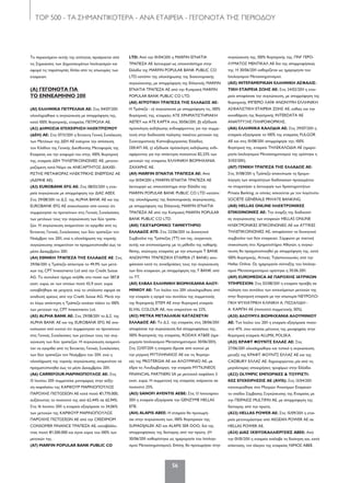 56
TOP 500 - ΤΑ ΣΗΜΑΝΤΙΚΟΤΕΡΑ - ΑΝΑ ΕΤΑΙΡΕΙΑ - ΓΕΓΟΝΟΤΑ ΤΗΣ ΠΕΡΙΟΔΟΥ
Το περιεχόμενο αυτής της ενότητας προέρχεται από
τις Σημειώσεις των Δημοσιευμένων Ισολογισμών και
αφορά τις παραπομπές δίπλα από τις επωνυμίες των
εταιρειών.
(Α) ΓΕΓΟΝΟΤΑ ΓΙΑ
ΤΟ ΕΝΝΕΑΜΗΝΟ 2011
(Α1) ΕΛΛΗΝΙΚΑ ΠΕΤΡΕΛΑΙΑ ΑE: Στις 04/07/2011
ολοκληρώθηκε η συγχώνευση με απορρόφηση της,
κατά 100% θυγατρικής, εταιρείας ΠΕΤΡΟΛΑ ΑΕ.
(Α2) ΔΗΜΟΣΙΑ ΕΠΙΧΕΙΡΗΣΗ ΗΛΕΚΤΡΙΣΜΟΥ
(ΔΕΗ) ΑΕ: Στις 07/11/2011 η Έκτακτη Γενική Συνέλευση
των Μετόχων της ΔΕΗ ΑΕ ενέκρινε την απόσχιση
του Κλάδου της Γενικής Διεύθυνσης Μεταφοράς της
Εταιρείας και την εισφορά του στην, 100% θυγατρική
της, εταιρεία ΔΕΗ ΤΗΛΕΠΙΚΟΙΝΩΝΙΕΣ ΑΕ, μετονο-
μαζόμενη κατά Νόμο σε ΑΝΕΞΑΡΤΗΤΟΣ ΔΙΑΧΕΙ-
ΡΙΣΤΗΣ ΜΕΤΑΦΟΡΑΣ ΗΛΕΚΤΡΙΚΗΣ ΕΝΕΡΓΕΙΑΣ ΑΕ
(ΑΔΜΗΕ ΑΕ).
(Α3) EUROBANK EFG ΑΕ: Στις 08/02/2011 η εται-
ρεία συγχώνευσε με απορρόφηση την ΔΙΑΣ ΑΕΕΧ.
Στις 29/08/2011 τα Δ.Σ. της ALPHA BANK AE και της
EUROBANK EFG ΑΕ ανακοίνωσαν από κοινού ότι
συμφώνησαν να προτείνουν στις Γενικές Συνελεύσεις
των μετόχων τους την συγχώνευση των δύο τραπε-
ζών. Η συγχώνευση αναμενόταν να εγκριθεί από τις
Έκτακτες Γενικές Συνελεύσεις των δύο τραπεζών τον
Νοέμβριο του 2011, ενώ η ολοκλήρωση της νομικής
συγχώνευσης αναμενόταν να πραγματοποιηθεί έως τα
μέσα Δεκεμβρίου 2011.
(Α4) ΕΘΝΙΚΗ ΤΡΑΠΕΖΑ ΤΗΣ ΕΛΛΑΔΟΣ ΑΕ: Στις
29/06/2011 η Τράπεζα απόκτησε το 49,9% των μετό-
χων της CPT Investments Ltd από την Credit Suisse
AG. Το συνολικό τίμημα ανήλθε στο ποσό των 587,8
εκατ. ευρώ, εκ των οποίων ποσό 42,9 εκατ. ευρώ
καταβλήθηκε σε μετρητά, ενώ το υπόλοιπο αφορά σε
αναδοχή χρέους από την Credit Suisse AG. Μετά την
εν λόγω απόκτηση η Τράπεζα κατέχει πλέον το 100%
των μετοχών της CPT Investments Ltd.
(Α5) ALPHA BANK ΑΕ: Στις 29/08/2011 τα Δ.Σ. της
ALPHA BANK AE και της EUROBANK EFG ΑΕ ανα-
κοίνωσαν από κοινού ότι συμφώνησαν να προτείνουν
στις Γενικές Συνελεύσεις των μετόχων τους την συγ-
χώνευση των δύο τραπεζών. Η συγχώνευση αναμενό-
ταν να εγκριθεί από τις Έκτακτες Γενικές Συνελεύσεις
των δύο τραπεζών τον Νοέμβριο του 2011, ενώ η
ολοκλήρωση της νομικής συγχώνευσης αναμενόταν να
πραγματοποιηθεί έως τα μέσα Δεκεμβρίου 2011.
(Α6) CARREFOUR-ΜΑΡΙΝΟΠΟΥΛΟΣ ΑE: Στις
15 Ιουνίου 2011 συμμετείχε μονομερώς στην αύξη-
ση κεφαλαίου της ΚΑΡΦΟΥΡ ΜΑΡΙΝΟΠΟΥΛΟΣ
ΠΑΡΟΧΗΣ ΠΙΣΤΩΣΕΩΝ ΑΕ κατά ποσό €1.770.000,
αυξάνοντας το ποσοστό της από 62,44% σε 65,94%.
Στις 16 Ιουνίου 2011 η εταιρεία εξαγόρασε το 34,06%
των μετοχών της ΚΑΡΦΟΥΡ ΜΑΡΙΝΟΠΟΥΛΟΣ
ΠΑΡΟΧΗΣ ΠΙΣΤΩΣΕΩΝ ΑΕ από την CREDIMOM
CONSOMER FINANCE ΤΡΑΠΕΖΑ ΑΕ, καταβάλλο-
ντας ποσό €1.500.000 και έγινε κύρια του 100% των
μετοχών της.
(Α7) MARFIN POPULAR BANK PUBLIC CO
LTD: Από την 01/04/2011 η MARFIN ΕΓΝΑΤΙΑ
ΤΡΑΠΕΖΑ ΑΕ λειτουργεί ως υποκατάστημα στην
Ελλάδα της MARFIN POPULAR BANK PUBLIC CO
LTD κατόπιν της ολοκλήρωσης της διασυνοριακής
συγχώνευσης, με απορρόφηση της Ελληνικής MARFIN
ΕΓΝΑΤΙΑ ΤΡΑΠΕΖΑ ΑΕ από την Κυπριακή MARFIN
POPULAR BANK PUBLIC CO LTD.
(Α8) ΑΓΡΟΤΙΚΗ ΤΡΑΠΕΖΑ ΤΗΣ ΕΛΛΑΔΟΣ ΑΕ:
Η Τράπεζα : α) συγχώνευσε με απορρόφηση τις, 100%
θυγατρικές της, εταιρείες ΑΤΕ ΧΡΗΜΑΤΙΣΤΗΡΙΑΚΗ
ΑΕΠΕΥ και ΑΤΕ ΚΑΡΤΑ στις 30/06/2011, β) εξέδωσε
πρόσκληση εκδήλωσης ενδιαφέροντος για την συμμε-
τοχή στην διαδικασία πώλησης πακέτου μετοχών της
Συνεταιριστικής Καπνοβιομηχανίας Ελλάδος
ΣΕΚΑΠ ΑΕ, γ) εξέδωσε πρόσκληση εκδήλωσης ενδι-
αφέροντος για την απόκτηση ποσοστού 82,33% των
μετοχών της εταιρείας ΕΛΛΗΝΙΚΗ ΒΙΟΜΗΧΑΝΙΑ
ΖΑΧΑΡΗΣ ΑΕ.
(Α9) MARFIN ΕΓΝΑΤΙΑ ΤΡΑΠΕΖΑ ΑΕ: Από
την 01/04/2011 η MARFIN ΕΓΝΑΤΙΑ ΤΡΑΠΕΖΑ ΑΕ
λειτουργεί ως υποκατάστημα στην Ελλάδα της
MARFIN POPULAR BANK PUBLIC CO LTD κατόπιν
της ολοκλήρωσης της διασυνοριακής συγχώνευσης,
με απορρόφηση της Ελληνικής MARFIN ΕΓΝΑΤΙΑ
ΤΡΑΠΕΖΑ ΑΕ από την Κυπριακή MARFIN POPULAR
BANK PUBLIC CO LTD.
(Α10) ΤΑΧΥΔΡΟΜΙΚΟ ΤΑΜΙΕΥΤΗΡΙΟ
ΕΛΛΑΔΟΣ ATE: Στις 22/06/2011 τα Διοικητικά
Συμβούλια της Τράπεζας (ΤΤ) και της, συγγενούς
αυτής και ενοποιούμενης με τη μέθοδο της καθαρής
θέσης, ανώνυμης εταιρείας με την επωνυμία T BANK
ΑΝΩΝΥΜΗ ΤΡΑΠΕΖΙΚΗ ΕΤΑΙΡΕΙΑ (Τ ΒΑΝΚ) απο-
φάσισαν κατά τις συνεδριάσεις τους την συγχώνευση
των δύο εταιρειών, με απορρόφηση της Τ ΒΑΝΚ από
το ΤΤ.
(Α11) ΕΛΒΑΛ ΕΛΛΗΝΙΚΗ ΒΙΟΜΗΧΑΝΙΑ ΑΛΟΥ-
ΜΙΝΙΟΥ ΑΕ: Τον Ιούλιο του 2011 ολοκληρώθηκε από
την εταιρεία η αγορά του συνόλου της συμμετοχής
της θυγατρικής ΕΤΕΜ ΑΕ στην θυγατρική εταιρεία
ELVAL COLOUR AE, που ανερχόταν σε 22%.
(Α12) ΜΕΤΚΑ ΜΕΤΑΛΛΙΚΑΙ ΚΑΤΑΣΚΕΥΑΙ
ΕΛΛΑΔΟΣ ΑΕ: Το Δ.Σ. της εταιρείας στις 28/06/2011
αποφάσισε την συγχώνευση διά απορροφήσεως της,
100% θυγατρικής της εταιρείας, RODAX AT&EE (ημε-
ρομηνία Ισολογισμού Μετασχηματισμού 30/06/2011).
Στις 22/07/2011 η εταιρεία ίδρυσε από κοινού με
την μητρική ΜΥΤΙΛΗΝΑΙΟΣ ΑΕ και τις θυγατρι-
κές της PROTERGIA AE και ΑΛΟΥΜΙΝΙΟ ΑΕ, με
έδρα το Λουξεμβούργο, την εταιρεία MYTILINEOS
FINANCIAL PARTNERS SA με μετοχικό κεφάλαιο 2
εκατ. ευρώ. Η συμμετοχή της εταιρείας ανέρχεται σε
ποσοστό 25%.
(Α13) SANOFI AVENTIS ΑEBΕ: Στις 13 Ιανουαρίου
2011 η εταιρεία εξαγόρασε την GENZYME HELLAS
ΕΠΕ.
(Α14) ALAPIS ΑBEE: Η εταιρεία θα προχωρή-
σει στην συγχώνευση των, 100% θυγατρικών της,
SUMADIJALEK AD και ALAPIS SER DOO, διά της
απορροφήσεώς της δεύτερης από την πρώτη. (Η
30/06/2011 καθορίστηκε ως ημερομηνία του Ισολογι-
σμού Μετασχηματισμού). Επίσης θα προχωρήσει στην
συγχώνευση της, 100% θυγατρικής της, ΠΝΓ ΓΕΡΟ-
ΛΥΜΑΤΟΣ ΜΕΝΤΙΚΑΛ ΑΕ δια της απορροφήσεώς
της. Η 30/06/2011 καθορίζεται ως ημερομηνία του
Ισολογισμού Μετασχηματισμού.
(Α15) ΙΝΤΕΡΑΜΕΡΙΚΑΝ ΕΛΛΗΝΙΚΗ ΑΣΦΑΛΙΣ-
ΤΙΚΗ ΕΤΑΙΡΕΙΑ ΖΩΗΣ ΑΕ: Στις 24/02/2011 η εται-
ρεία αποφάσισε την συγχώνευση, με απορρόφηση της
θυγατρικής ΙΜΠΕΡΙΟ ΛΑΪΦ ΑΝΩΝΥΜΗ ΕΛΛΗΝΙΚΗ
ΑΣΦΑΛΙΣΤΙΚΗ ΕΤΑΙΡΕΙΑ ΖΩΗΣ ΑΕ, καθώς και την
εκκαθάριση της θυγατρικής INTERDATA ΑΕ
ΑΝΑΠΤΥΞΗΣ ΠΛΗΡΟΦΟΡΙΚΗΣ.
(Α16) ΕΛΛΗΝΙΚΑ ΚΑΛΩΔΙΑ ΑΕ: Στις 29/07/2011 η
εταιρεία εξαγόρασε το 100% της εταιρείας FULGOR
AE και στις 01/08/2011 απορρόφησε την, 100%
θυγατρική της, εταιρεία ΤΗΛΕΚΑΛΩΔΙΑ ΑΕ (ημερο-
μηνία Ισολογισμού Μετασχηματισμού της ορίστηκε η
31/03/2011).
(Α17) ΓΕΝΙΚΗ ΤΡΑΠΕΖΑ ΤΗΣ ΕΛΛΑΔΟΣ ΑE:
Στις 31/08/2011 η Τράπεζα ανακοίνωσε τη δρομο-
λόγηση των απαραίτητων διαδικασιών προκειμένου
να σταματήσει η λειτουργία των δραστηριοτήτων
Private Banking, οι οποίες ασκούνται με τον λογότυπο
SOCIÉTÉ GÉNÉRALE PRIVATE BANKING.
(Α18) HELLAS ONLINE ΗΛΕΚΤΡΟΝΙΚΕΣ
ΕΠΙΚΟΙΝΩΝΙΕΣ ΑΕ: Την έναρξη της διαδικασί-
ας συγχώνευσης των εταιρειών HELLAS ONLINE
ΗΛΕΚΤΡΟΝΙΚΕΣ ΕΠΙΚΟΙΝΩΝΙΕΣ ΑΕ και ΑΤΤΙΚΕΣ
ΤΗΛΕΠΙΚΟΙΝΩΝΙΕΣ ΑΕ, αποφάσισαν τα διοικητικά
συμβούλια των δύο εταιρειών. Σύμφωνα με σχετική
ανακοίνωση στο Χρηματιστήριο Αθηνών, η συγχώ-
νευση θα πραγματοποιηθεί με απορρόφηση της, κατά
100% θυγατρικής, Αττικές Τηλεπικοινωνίες από την
Hellas Online. Ως ημερομηνία σύνταξης του Ισολογι-
σμού Μετασχηματισμού ορίστηκε η 30.06.2011.
(Α19) EUROMEDICA ΑE ΠΑΡΟΧΗΣ ΙΑΤΡΙΚΩΝ
ΥΠΗΡΕΣΙΩΝ: Στις 02/08/2011 η εταιρεία προέβη σε
πώληση του συνόλου των κατεχόμενων μετοχών της
στην θυγατρική εταιρεία με την επωνυμία ΝΕΥΡΟΛΟ-
ΓΙΚΗ ΨΥΧΙΑΤΡΙΚΗ ΚΛΙΝΙΚΗ Α. ΠΙΣΣΑΛΙΔΗ -
Α. ΚΑΡΙΠΗ ΑΕ (ποσοστό συμμετοχής 50%).
(Α20) ΑΛΟΥΜΥΛ ΒΙΟΜΗΧΑΝΙΑ ΑΛΟΥΜΙΝΙΟΥ
AE: Τον Ιούλιο του 2011 η εταιρεία εξαγόρασε ποσο-
στό 47% ,που κατείχε μέτοχος της μειοψηφίας στην
θυγατρική εταιρεία ALUMIL POLSKA.
(Α21) ΚΡΑΦΤ ΦΟΥΝΤΣ ΕΛΛΑΣ ΑE: Στις
27/06/2011 oλοκληρώθηκε και τυπικά η συγχώνευση
μεταξύ της ΚΡΑΦΤ ΦΟΥΝΤΣ ΕΛΛΑΣ ΑE και της
CADBURY ΕΛΛΑΣ ΑΕ, δημιουργώντας μία από τις
μεγαλύτερες επιχειρήσεις τροφίμων στην Ελλάδα.
(Α22) OLYMPIC ΕΜΠΟΡΙΚΕΣ & ΤΟΥΡΙΣΤΙ-
ΚΕΣ ΕΠΙΧΕΙΡΗΣΕΙΣ ΑΕ (AVIS): Στις 13/04/2011
κατοχυρώθηκε στο Μητρώο Ανωνύμων Εταιρειών
το σχέδιο Σύμβασης Συγχώνευσης της Εταιρείας με
την ΠΕΙΡΑΙΩΣ MULTIFIN AE, με απορρόφηση της
δεύτερης από την πρώτη.
(Α23) HELLAS POWER AE: Στις 15/09/2011 η εται-
ρεία μετονομάστηκε από AEGEAN POWER AE σε
HELLAS POWER AE.
(Α24) ΔΙΑΣ ΙΧΘΥΟΚΑΛΛΙΕΡΓΕΙΕΣ ΑΒΕΕ: Από
την 01/01/2011 η εταιρεία ανέλαβε τη διοίκηση και, κατά
επέκταση, τον έλεγχο της εταιρείας ΝΙΜΟΣ ΑΒΕΕ.
030-59_TOP 500 KEDRIKOS PINAKAS.indd 56 5/4/12 1:47 PM
 