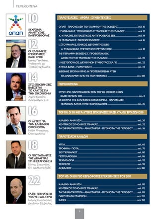 66
12ΟΙ ΕΛΛΗΝΙΚΕΣ
ΕΠΙΧΕΙΡΗΣΕΙΣ
ΚΑΙ Η ΚΡΙΣΗ
Ιωάννης Παπαδάκης,
Υποδιοικητής της
Τράπεζας της Ελλάδος
14ΣΤΙΣ ΕΠΙΧΕΙΡΗΣΕΙΣ
ΒΑΣΙΖΕΤΑΙ
ΤΟ ΚΡΑΤΟΣ ΓΙΑ
ΤΗΝ ΟΙΚΟΝΟΜΙΑ
Χάρης Κυριαζής,
Αντιπροέδρος ΣΕΒ
16
ΟΙ ΛΥΣΕΙΣ ΓΙΑ
ΤΗΝ ΕΛΛΗΝΙΚΗ
ΟΙΚΟΝΟΜΙΑ
Νότης Μηταράκης,
Οικονοµολόγος
18
ΟΙ ΠΡΩΤΑΘΛΗΤΕΣ
ΤΗΣ ΔΕΚΑΕΤΙΑΣ
ΣΤΗ ΜΕΤΑΠΟΙΗΣΗ
Γιάννης Στουρνάρας
Γεν. Διευθυντής ΙΟΒΕ
22
ΕΛ.ΠΕ: ΕΠΕΝΔΥΣΕΙΣ
ΥΨΟΥΣ 3 ΔΙΣ. ΕΥΡΩ
Ιωάννης Κωστόπουλος
Διευθύνων Σύµβουλος
10
54 ΧΡΟΝΙΑ
ΑΝΑΠΤΥΞΗΣ
ΚΑΙ ΠΡΟΣΦΟΡΑΣ
ΠΑΡΟΥΣΙΑΣΕΙΣ - ΑΡΘΡΑ - ΣΥΝΕΝΤΕΥΞΕΙΣ
ΟΠΑΠ - ΠΑΡΟΥΣΙΑΣΗ ΤΟΥ ΧΟΡΗΓΟΥ ΤΗΣ ΕΚΔΟΣΗΣ................................σελ. 10
Ι. ΠΑΠΑΔΑΚΗΣ, ΥΠΟΔΙΟΙΚΗΤΗΣ ΤΡΑΠΕΖΑΣ ΤΗΣ ΕΛΛΑΔΟΣ.........................σελ. 12
Χ. ΚΥΡΙΑΖΗΣ, ΕΚΤΕΛΕΣΤΙΚΟΣ ΑΝΤΙΠΡΟΕΔΡΟΣ ΣΕΒ............................................σελ. 14
Ν. ΜΗΤΑΡΑΚΗΣ, ΟΙΚΟΝΟΜΟΛΟΓΟΣ.........................................................................σελ. 16
Ι. ΣΤΟΥΡΝΑΡΑΣ, ΓΕΝΙΚΟΣ ΔΙΕΥΘΥΝΤΗΣ ΙΟΒΕ -
Α. ΤΣΑΚΑΝΙΚΑΣ, ΥΠΕΥΘΥΝΟΣ ΕΡΕΥΝΑΣ ΙΟΒΕ..................................................σελ. 18
ΤτΕ-ΠΕΡΙΛΗΨΗ ΕΚΘΕΣΗΣ Γ. ΠΡΟΒΟΠΟΥΛΟΥ,
ΔΙΟΙΚΗΤΗ ΤΗΣ ΤΡΑΠΕΖΑΣ ΤΗΣ ΕΛΛΑΔΟΣ.........................................................σελ. 20
Ι. ΚΩΣΤΟΠΟΥΛΟΣ, ΔΙΕΥΘΥΝΩΝ ΣΥΜΒΟΥΛΟΣ ΕΛ.ΠΕ.......................................σελ. 22
ATTICA BANK - ΠΑΡΟΥΣΙΑΣΗ.......................................................................................σελ. 24
ΔΙΕΘΝΗΣ ΕΡΕΥΝΑ KPMG: Η ΠΡΟΤΕΙΝΟΜΕΝΗ ΛΥΣΗ
ΓΙΑ ΑΝΑΚΑΜΨΗ ΑΠΌ ΤΙΣ ΠΟΛΥΕΘΝΙΚΕΣ ........................................................σελ. 108
ΠΕΡΙΕΧΟΜΕΝΑ
ΕΥΡΕΤΗΡΙΟ ΠΑΡΟΥΣΙΑΣΕΩΝ ΤΩΝ TOP 100 ΕΠΙΧΕΙΡΗΣΕΩΝ
ΒΑΣΕΙ ΚΕΡΔΩΝ 2010............................................................................................................σελ. 8
ΟΙ ΙΣΧΥΡΟΙ ΤΗΣ ΕΛΛΗΝΙΚΗΣ ΟΙΚΟΝΟΜΙΑΣ - ΠΑΡΟΥΣΙΑΣΗ
ΤΕΧΝΙΚΩΝ ΧΑΡΑΚΤΗΡΙΣΤΙΚΩΝ ΕΚΔΟΣΗΣ.........................................................σελ. 26
TOP500:OI500ΜΕΓΑΛΥΤΕΡΕΣΕΠΙΧΕΙΡΗΣΕΙΣΒΑΣΕΙΚΥΚΛΟΥΕΡΓΑΣΙΩΝ2010
ΚΛΑΔΙΚΗ ΑΝΑΛΥΣΗ...........................................................................................................σελ. 30
ΚΕΝΤΡΙΚΟΣ ΣΥΝΟΛΙΚΟΣ ΠΙΝΑΚΑΣ............................................................................σελ. 32
ΤΑ ΣΗΜΑΝΤΙΚΟΤΕΡΑ - ΑΝΑ ΕΤΑΙΡΕΙΑ - ΓΕΓΟΝΟΤΑ ΤΗΣ ΠΕΡΙΟΔΟΥ ........σελ. 56
ΠΑΡΟΥΣΙΑΣΗ ΚΛΑΔΩΝ
ΥΓΕΙΑ...........................................................................................................................................σελ. 60
ΤΡΟΦΙΜΑ - ΠΟΤΑ.................................................................................................................σελ. 70
ΣΟΥΠΕΡΜΑΡΚΕΤ...................................................................................................................σελ. 80
ΠΕΤΡΕΛΑΙΟΕΙΔΗ....................................................................................................................σελ. 86
ΤΕΧΝΟΛΟΓΙΑ.........................................................................................................................σελ. 92
ΤΡΑΠΕΖΕΣ................................................................................................................................σελ. 98
ΑΣΦΑΛΕΙΕΣ.............................................................................................................................σελ. 100
TOP 100: OI 100 ΠΙΟ ΚΕΡΔΟΦΟΡΕΣ ΕΠΙΧΕΙΡΗΣΕΙΣ ΤΟΥ 2010
ΚΛΑΔΙΚΗ ΑΝΑΛΥΣΗ...........................................................................................................σελ. 110
ΚΕΝΤΡΙΚΟΣ ΣΥΝΟΛΙΚΟΣ ΠΙΝΑΚΑΣ............................................................................σελ. 112
ΤΑ ΣΗΜΑΝΤΙΚΟΤΕΡΑ - ΑΝΑ ΕΤΑΙΡΕΙΑ - ΓΕΓΟΝΟΤΑ ΤΗΣ ΠΕΡΙΟΔΟΥ ........σελ. 118
ΠΑΡΟΥΣΙΑΣΗ ΕΤΑΙΡΕΙΩΝ................................................................................................σελ. 120
INDEX.......................................................................................................................................σελ. 159
ΠΕΡΙΕΧΟΜΕΝΑ
006_PERIEXOMENA.indd 6 5/4/12 1:03 PM
 