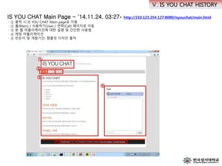 IS YOU CHAT Main Page - '14.11.24. 03:27- http://210.123.254.127:8080/isyouchat/main.html
· ① 클릭 시 IS YOU CHAT Main page로 이동
· ② 홈(Main) / 사용하기(Use) / 연락(Call) 페이지로 이동
· ③ 본 웹 어플리케이션에 대한 설명 및 간단한 사용법
· ④ 채팅 어플리케이션
· ⑤ 만든이 및 개발기간, 템플릿 디자인 출처
Ⅴ. IS YOU CHAT HISTORY
 