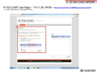 IS YOU CHAT Use Page - '14.11.24. 04:09 - http://210.123.254.127:8080/isyouchat/use.html
· ① 채팅 어플리케이션 사용 방법에 대하여
Ⅴ. IS YOU CHAT HISTORY
 