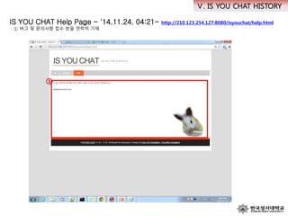 IS YOU CHAT Help Page - '14.11.24. 04:21- http://210.123.254.127:8080/isyouchat/help.html
· ① 버그 및 문의사항 접수 받을 연락처 기재
Ⅴ. IS YOU CHAT HISTORY
 
