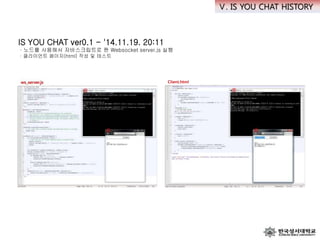 Ⅴ. IS YOU CHAT HISTORY
IS YOU CHAT ver0.1 - '14.11.19. 20:11
·노드를 사용해서 자바스크립트로 짠 Websocket server.js 실행
·클라이언트 페이지(html) 작성 및 테스트
 