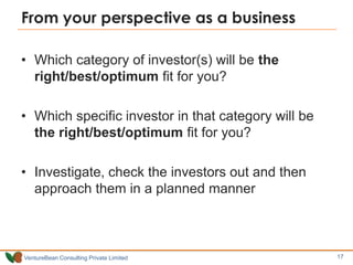 From your perspective as a business
• Which category of investor(s) will be the
right/best/optimum fit for you?
• Which sp...