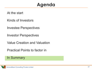 Agenda
At the start
Kinds of Investors
Investee Perspectives
Investor Perspectives
Value Creation and Valuation
Practical ...