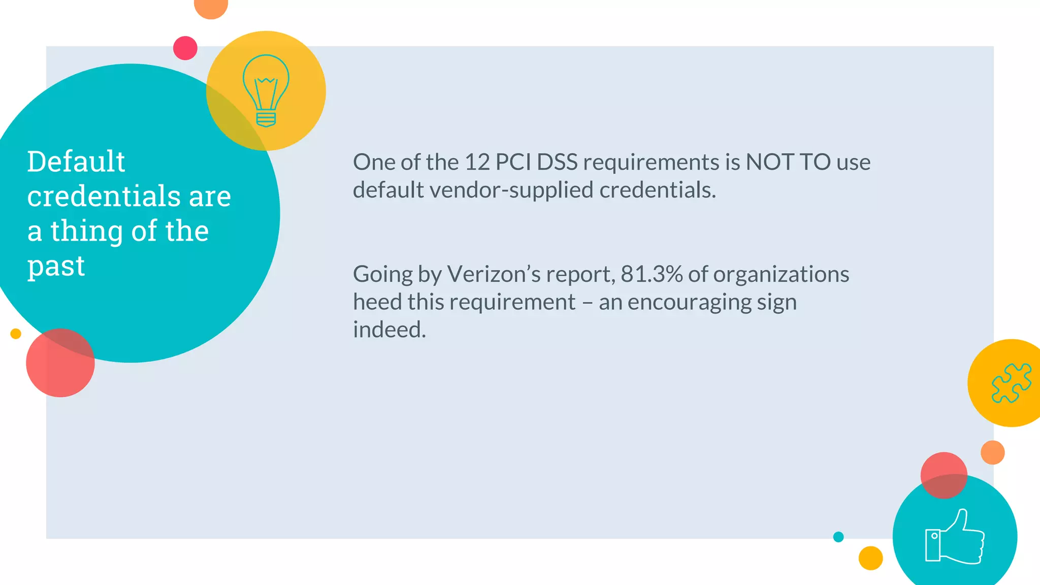 One of the 12 PCI DSS requirements is NOT TO use
default vendor-supplied credentials.
Going by Verizon’s report, 81.3% of organizations
heed this requirement – an encouraging sign
indeed.
Default
credentials are
a thing of the
past
 