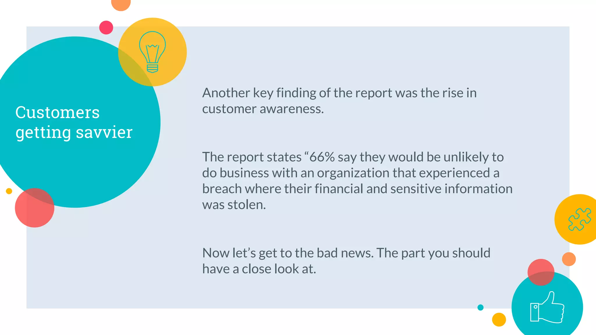 Another key finding of the report was the rise in
customer awareness.
The report states “66% say they would be unlikely to
do business with an organization that experienced a
breach where their financial and sensitive information
was stolen.
Now let’s get to the bad news. The part you should
have a close look at.
Customers
getting savvier
 