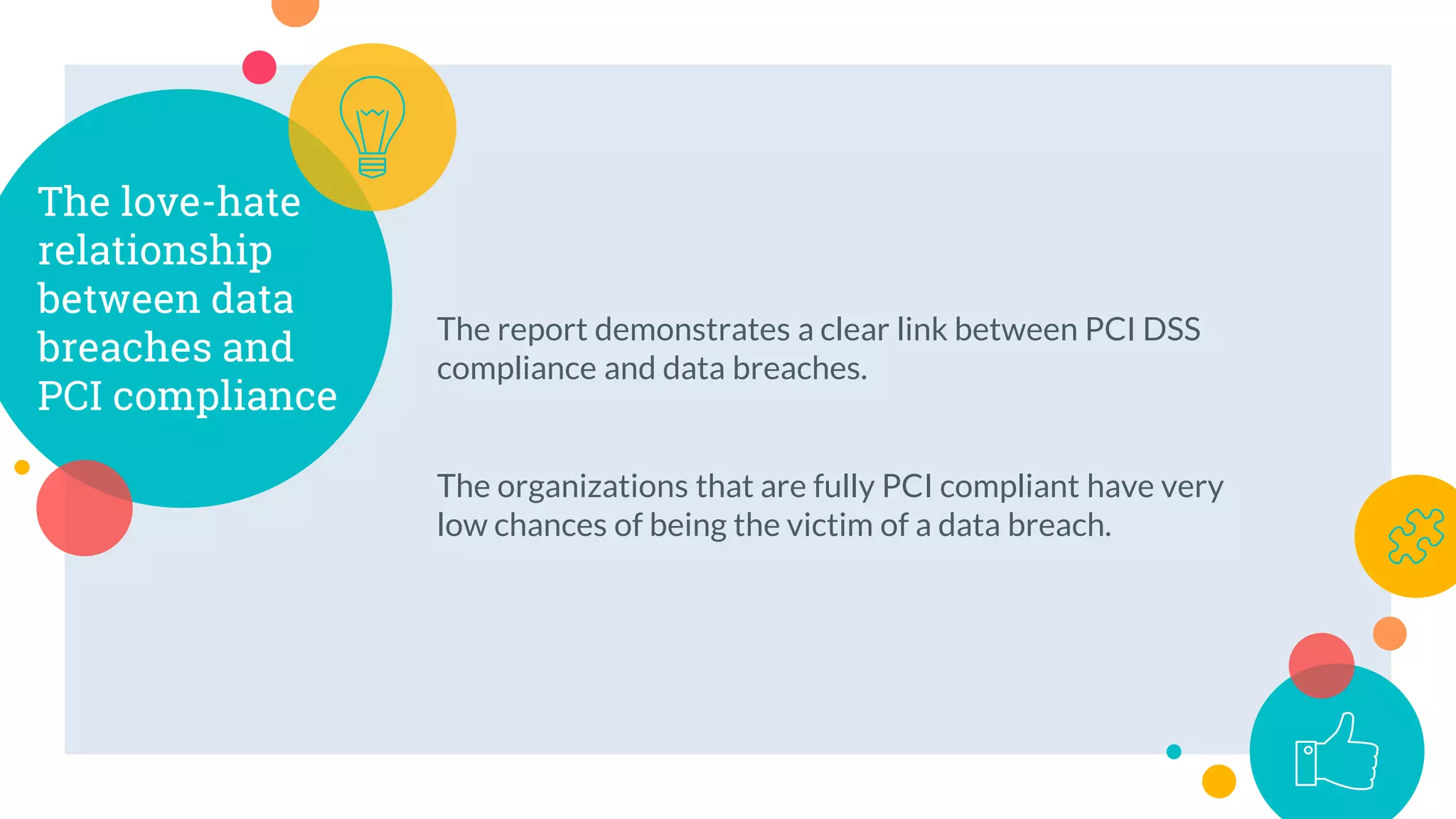 The report demonstrates a clear link between PCI DSS
compliance and data breaches.
The organizations that are fully PCI compliant have very
low chances of being the victim of a data breach.
The love-hate
relationship
between data
breaches and
PCI compliance
 