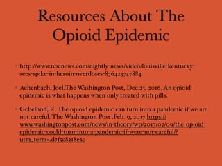 Resources About The
Opioid Epidemic
http://www.nbcnews.com/nightly-news/video/louisville-kentucky-
sees-spike-in-heroin-overdoses-876423747884
Achenbach, Joel.The Washington Post, Dec.23, 2016. An opioid
epidemic is what happens when only treated with pills.
Gebelhoﬀ, R. The opioid epidemic can turn into a pandemic if we are
not careful. The Washington Post .Feb. 9, 2017 https://
www.washingtonpost.com/news/in-theory/wp/2017/02/09/the-opioid-
epidemic-could-turn-into-a-pandemic-if-were-not-careful/?
utm_term=.d7f5c8218e3c
 