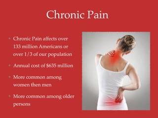 Chronic Pain
Chronic Pain affects over
133 million Americans or
over 1/3 of our population
Annual cost of $635 million
More common among
women then men
More common among older
persons
 