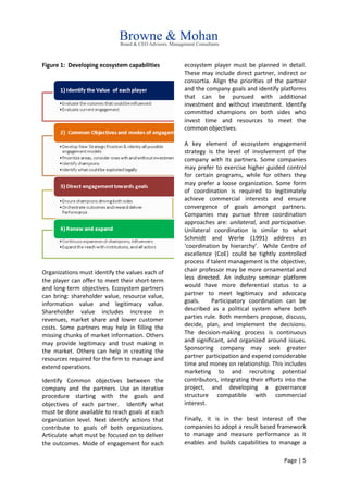 Page | 5
Figure 1: Developing ecosystem capabilities
Organizations must identify the values each of
the player can offer to meet their short-term
and long-term objectives. Ecosystem partners
can bring: shareholder value, resource value,
information value and legitimacy value.
Shareholder value includes increase in
revenues, market share and lower customer
costs. Some partners may help in filling the
missing chunks of market information. Others
may provide legitimacy and trust making in
the market. Others can help in creating the
resources required for the firm to manage and
extend operations.
Identify Common objectives between the
company and the partners. Use an iterative
procedure starting with the goals and
objectives of each partner. Identify what
must be done available to reach goals at each
organization level. Next identify actions that
contribute to goals of both organizations.
Articulate what must be focused on to deliver
the outcomes. Mode of engagement for each
ecosystem player must be planned in detail.
These may include direct partner, indirect or
consortia. Align the priorities of the partner
and the company goals and identify platforms
that can be pursued with additional
investment and without investment. Identify
committed champions on both sides who
invest time and resources to meet the
common objectives.
A key element of ecosystem engagement
strategy is the level of involvement of the
company with its partners. Some companies
may prefer to exercise higher guided control
for certain programs, while for others they
may prefer a loose organization. Some form
of coordination is required to legitimately
achieve commercial interests and ensure
convergence of goals amongst partners.
Companies may pursue three coordination
approaches are: unilateral, and participative.
Unilateral coordination is similar to what
Schmidt and Werle (1991) address as
‘coordination by hierarchy’. While Centre of
excellence (CoE) could be tightly controlled
process if talent management is the objective,
chair professor may be more ornamental and
less directed. An industry seminar platform
would have more deferential status to a
partner to meet legitimacy and advocacy
goals. Participatory coordination can be
described as a political system where both
parties rule. Both members propose, discuss,
decide, plan, and implement the decisions.
The decision-making process is continuous
and significant, and organized around issues.
Sponsoring company may seek greater
partner participation and expend considerable
time and money on relationship. This includes
marketing to and recruiting potential
contributors, integrating their efforts into the
project, and developing a governance
structure compatible with commercial
interest.
Finally, it is in the best interest of the
companies to adopt a result based framework
to manage and measure performance as it
enables and builds capabilities to manage a
 