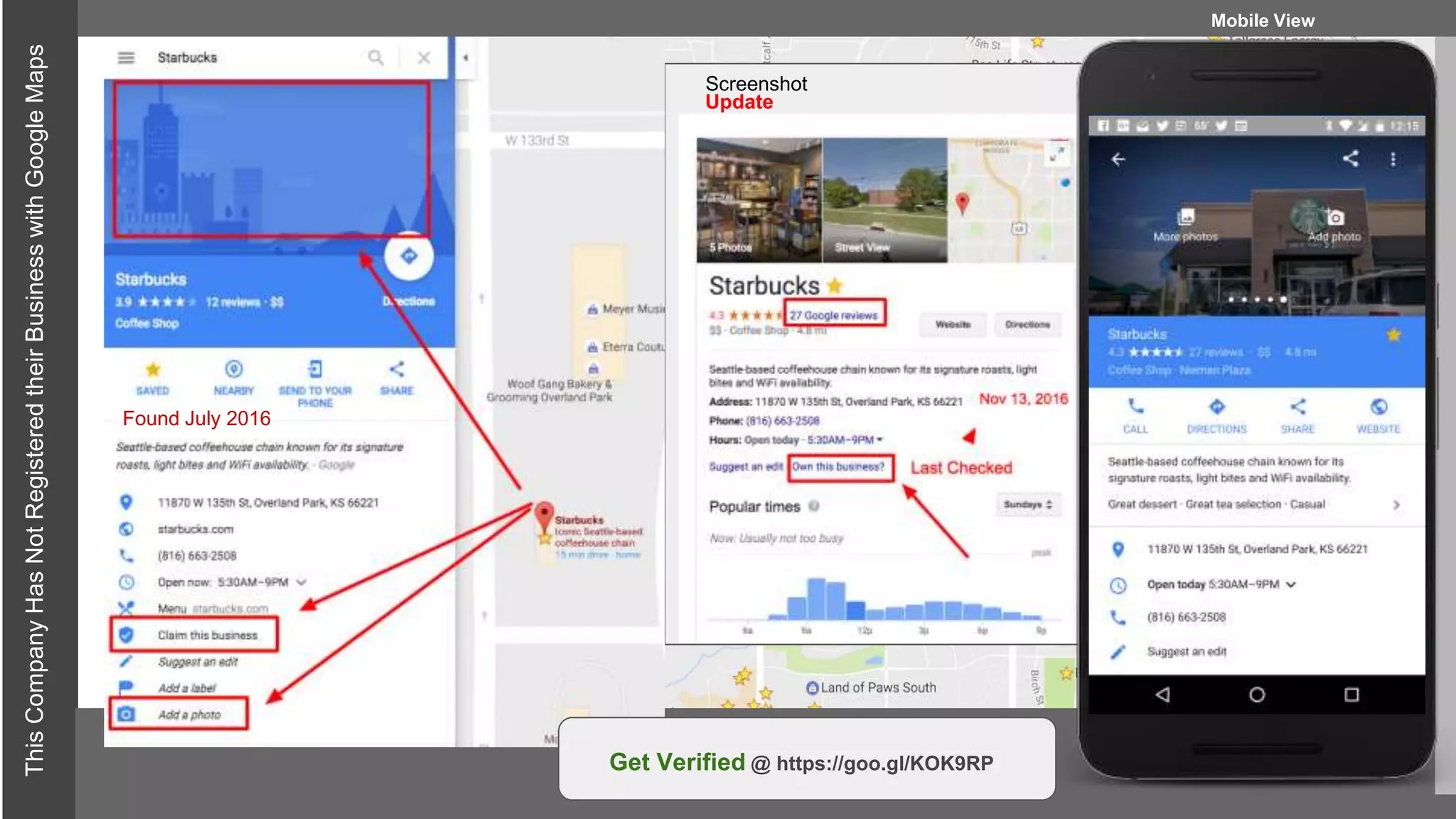 Gain Control of Your Business
ThisCompanyHasNotRegisteredtheirBusinesswithGoogleMaps
Update
?
Mobile View
Get Verified @ https://goo.gl/KOK9RP
Screenshot
Found July 2016
 