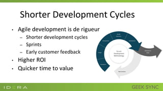 Shorter Development Cycles
• Agile development is de rigueur
– Shorter development cycles
– Sprints
– Early customer feedback
• Higher ROI
• Quicker time to value
 