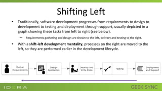 Shifting Left
• Traditionally, software development progresses from requirements to design to
development to testing and deployment through support, usually depicted in a
graph showing these tasks from left to right (see below).
– Requirements gathering and design are shown to the left, delivery and testing to the right.
• With a shift-left development mentality, processes on the right are moved to the
left, so they are performed earlier in the development lifecycle.
19
 