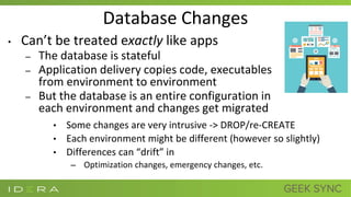 Database Changes
• Can’t be treated exactly like apps
– The database is stateful
– Application delivery copies code, executables
from environment to environment
– But the database is an entire configuration in
each environment and changes get migrated
• Some changes are very intrusive -> DROP/re-CREATE
• Each environment might be different (however so slightly)
• Differences can “drift” in
– Optimization changes, emergency changes, etc.
 