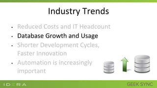 Industry Trends
• Reduced Costs and IT Headcount
• Database Growth and Usage
• Shorter Development Cycles,
Faster Innovation
• Automation is increasingly
important
 