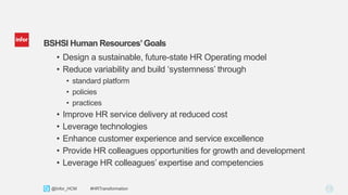 13Copyright © 2013. Infor. All Rights Reserved. www.infor.com@Infor_HCM #HRTransformation
BSHSI Human Resources’Goals
• Design a sustainable, future-state HR Operating model
• Reduce variability and build ‘systemness’ through
• standard platform
• policies
• practices
• Improve HR service delivery at reduced cost
• Leverage technologies
• Enhance customer experience and service excellence
• Provide HR colleagues opportunities for growth and development
• Leverage HR colleagues’ expertise and competencies
 