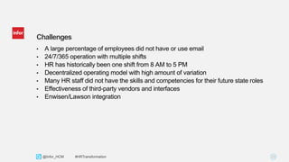 25Copyright © 2013. Infor. All Rights Reserved. www.infor.com@Infor_HCM #HRTransformation
Challenges
• A large percentage of employees did not have or use email
• 24/7/365 operation with multiple shifts
• HR has historically been one shift from 8 AM to 5 PM
• Decentralized operating model with high amount of variation
• Many HR staff did not have the skills and competencies for their future state roles
• Effectiveness of third-party vendors and interfaces
• Enwisen/Lawson integration
 