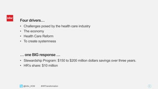 8Copyright © 2013. Infor. All Rights Reserved. www.infor.com@Infor_HCM #HRTransformation
Four drivers…
• Challenges posed by the health care industry
• The economy
• Health Care Reform
• To create systemness
… one BIG response …
• Stewardship Program: $150 to $200 million dollars savings over three years.
• HR’s share: $10 million
 