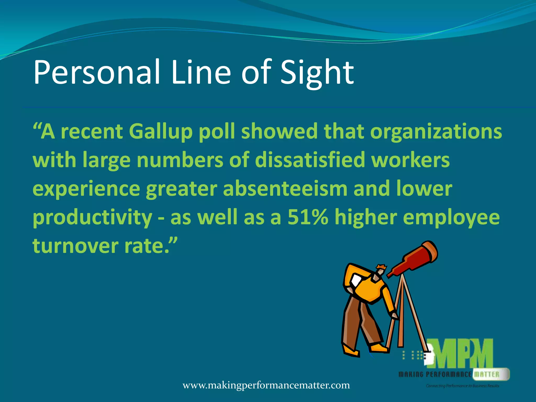 Personal Line of Sight
“A recent Gallup poll showed that organizations
with large numbers of dissatisfied workers
experience greater absenteeism and lower
productivity - as well as a 51% higher employee
turnover rate.”




               www.makingperformancematter.com
 