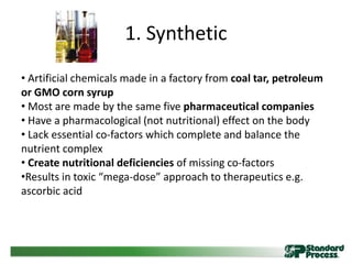 1. Synthetic
• Artificial chemicals made in a factory from coal tar, petroleum
or GMO corn syrup
• Most are made by the same five pharmaceutical companies
• Have a pharmacological (not nutritional) effect on the body
• Lack essential co-factors which complete and balance the
nutrient complex
• Create nutritional deficiencies of missing co-factors
•Results in toxic “mega-dose” approach to therapeutics e.g.
ascorbic acid
 