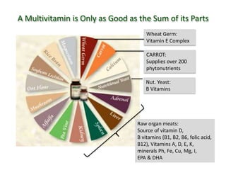 A Multivitamin is Only as Good as the Sum of its Parts
CARROT:
Supplies over 200
phytonutrients
Raw organ meats:
Source of vitamin D,
B vitamins (B1, B2, B6, folic acid,
B12), Vitamins A, D, E, K,
minerals Ph, Fe, Cu, Mg, I,
EPA & DHA
Nut. Yeast:
B Vitamins
Wheat Germ:
Vitamin E Complex
 