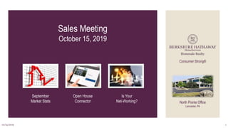 Sales Meeting
October 15, 2019
1
Consumer Strong®
North Pointe Office
Lancaster, PA
Open House
Connector
September
Market Stats
10/15/2019
Is Your
Net-Working?
 