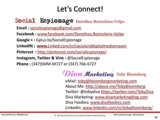 © 2014 Dorothéa Bozicolona-Volpe and Bloomberg Marketing 
@SocialEspionage 
@tobydiva 
#southwired_PBAAttract 
Let’s Conne...
