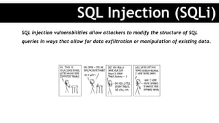 SQL injection vulnerabilities allow attackers to modify the structure of SQL
queries in ways that allow for data exfiltration or manipulation of existing data.
SQL Injection (SQLi)
 