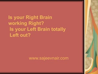 Is your Right Brain  working Right?  Is your Left Brain  totally  Left out? www.sajeevnair.com 