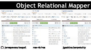 jeremyevans/sequel rom-rb/rom jgaskins/perpetuity
Object Relational Mapper
 
